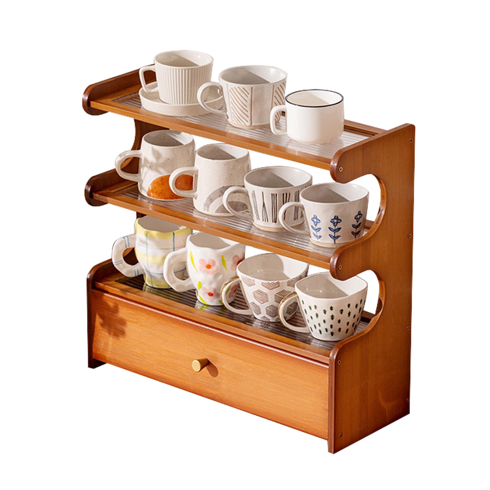 Uck-Kit Brown Coffee Mug Organizer Countertop, Bamboo Wood Mug Cup Holder Stand, K Cup Coffee Pod Drawer, Multifunctional Shelf Organizer For Accessories Station Kitchen,,3 Tier 50Cm