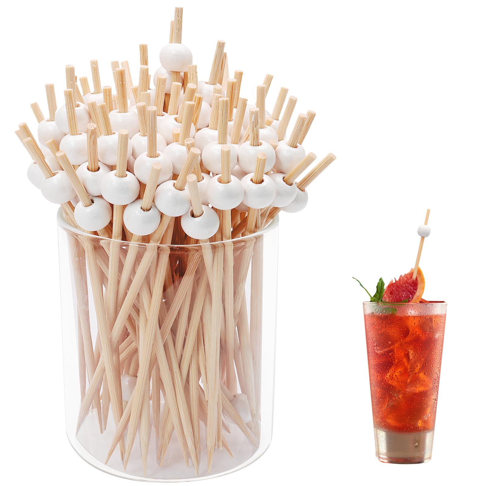 100PCS White Pearl Cocktail Picks for Drinks, 4.7 Inch Long Fruit Skewers Decorative Bamboo Picks Cocktail Sticks, Wedding Party Fancy Toothpicks for Appetizers Food Charcuterie Board