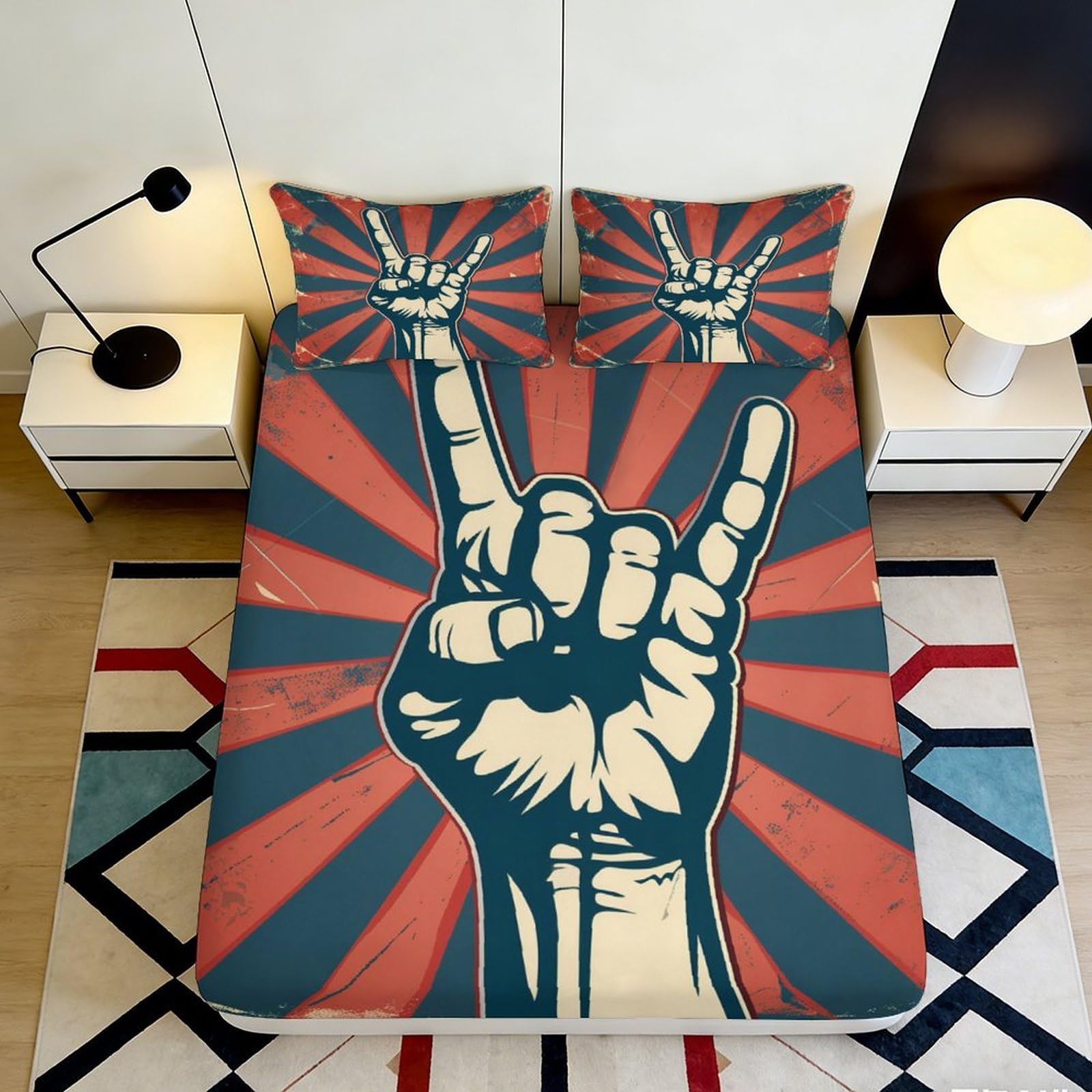 3D Printed Rock Hand Fitted Sheet Microfiber Retro Sunburst Bed Cover Non Slip Bedroom Decor Washable 90x200x25cm