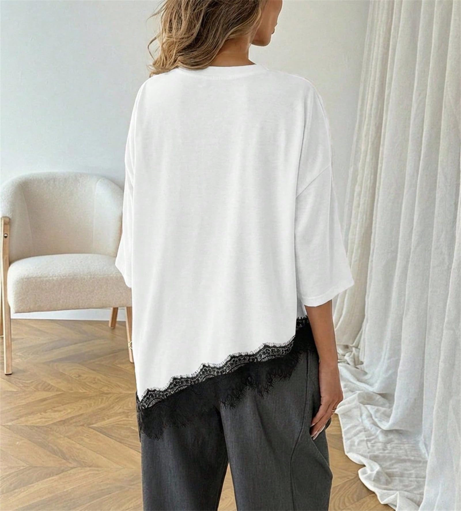 Blusa de Mujer con Dobladillo de Encaje, Corte Holgado, Manga Corta, Estilo Casual, Ideal para el Verano. Camiseta asimétrica con Encaje y Detalles de Encaje