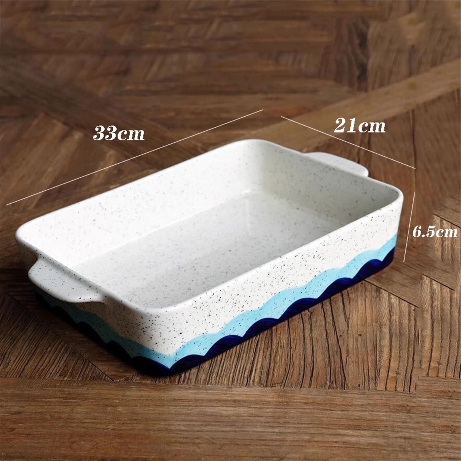 Auflaufform Keramik-Porzellanteller mit blauem Wellenmuster in Unterglasurfarbe, doppelohriger großer Auflaufform, Dampfteller, multifunktionaler Essteller for den Haushalt Backform