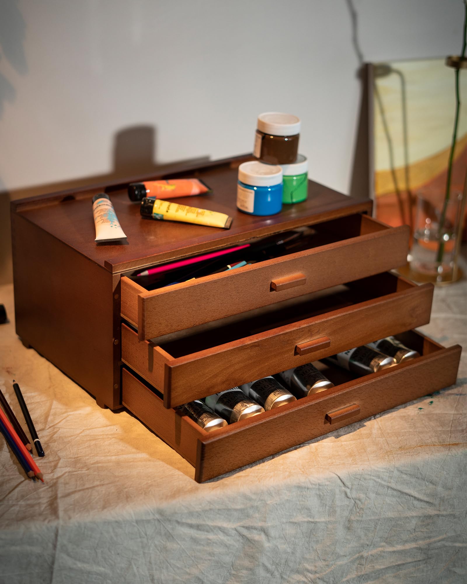 DJAR Boîte de Rangement pour Matériel d'Art 3 Tiroirs, Organisateur en Hêtre Massif pour Pastels, Crayons & Pinceaux, Boîte à Outils Portable pour Artistes, Noyer