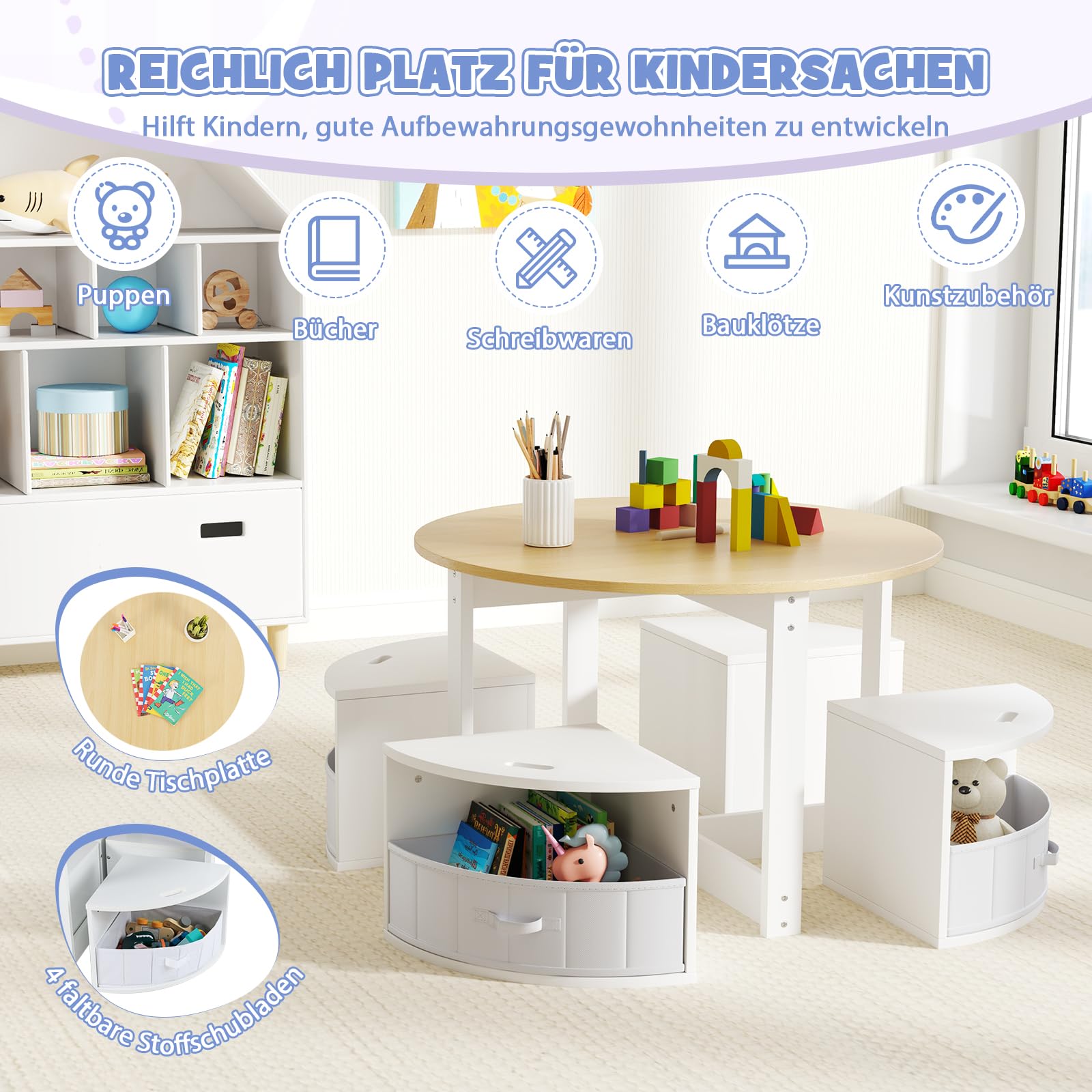DREAMADE Kindertisch mit 4 Stühlen, Kindersitzgruppe mit 4 Hockern & 4 Stoffboxen, Kinder Tisch Stuhl Set, Kinder Maltisch Aktivitätstisch Set Kindermöbel für Kinderzimmer, Spielzimmer (Natur)