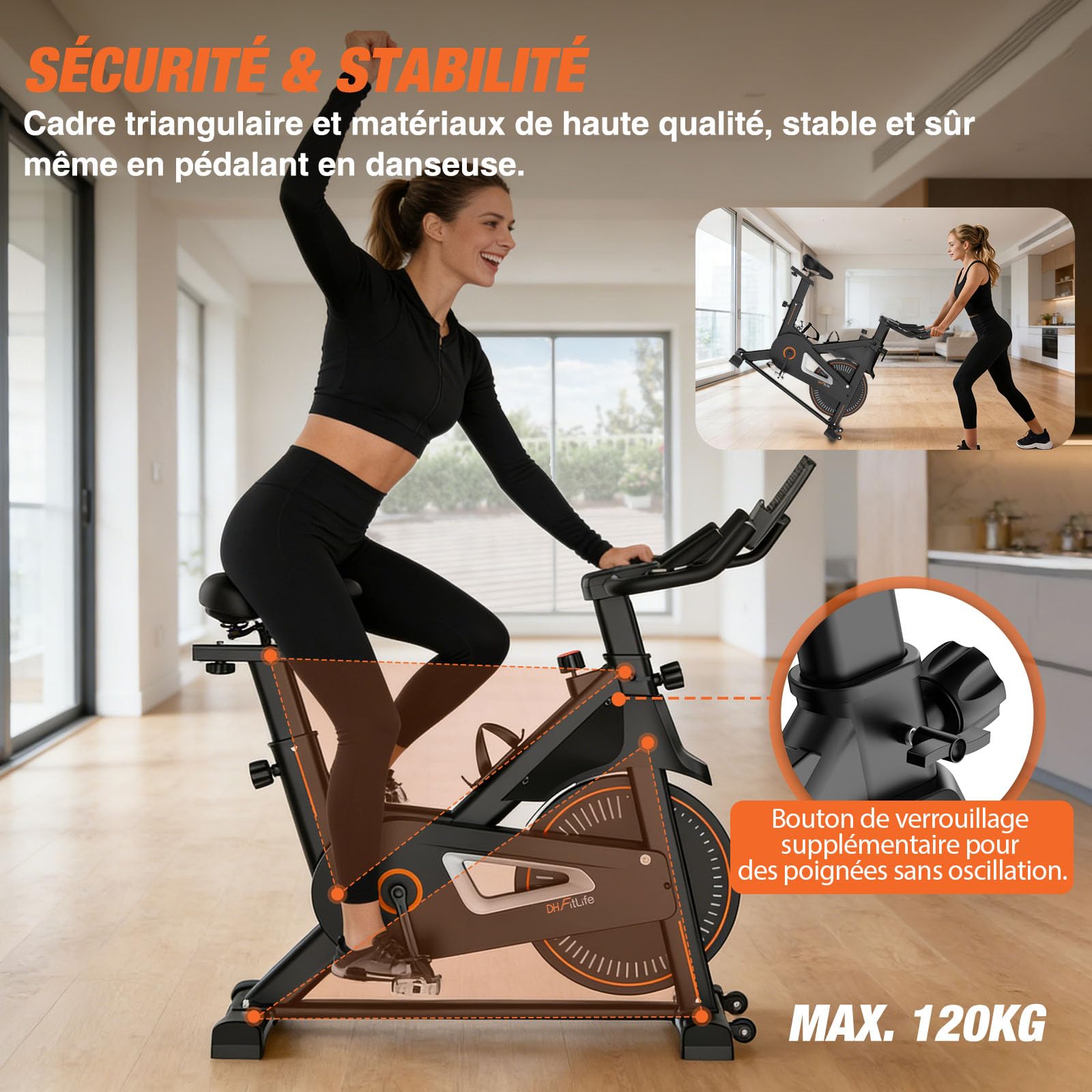 DH FitLife Vélo d’appartement ergomètre | Hometrainer silencieux à résistance magnétique | Capteur de pouls & APP | Guidon amélioré, écran/moniteur | 150–195 cm