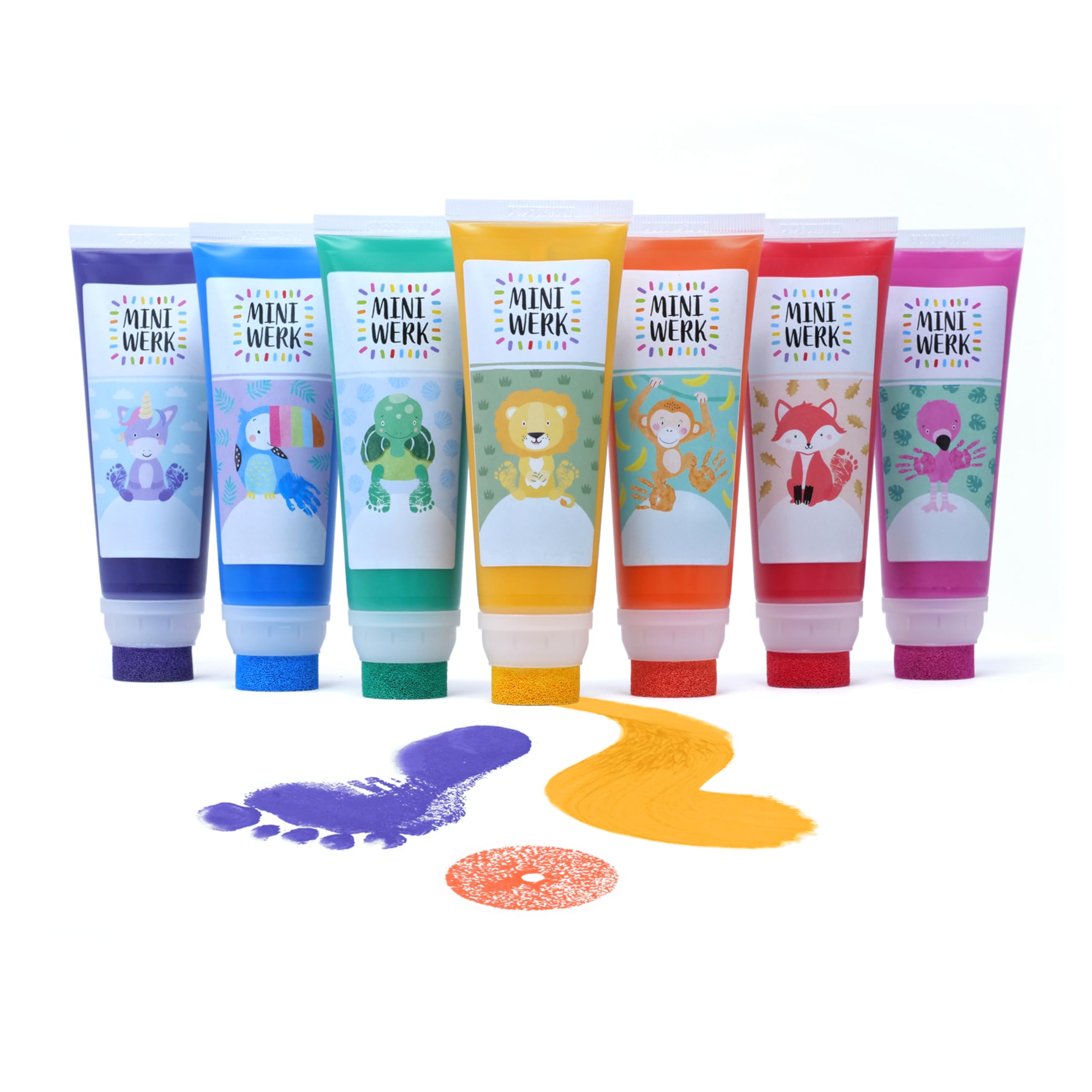 Miniwerk Abdruckfarbe 7er Set mit Schwammaufsatz - 7 Malfarben auf Basis natürlicher Rohstoffe, schadstofffrei wie Fingerfarbe - Baby Handabdruck Fußabdruck (Lila, Blau, Grün, Gelb, Orange, Rot, Rosa)