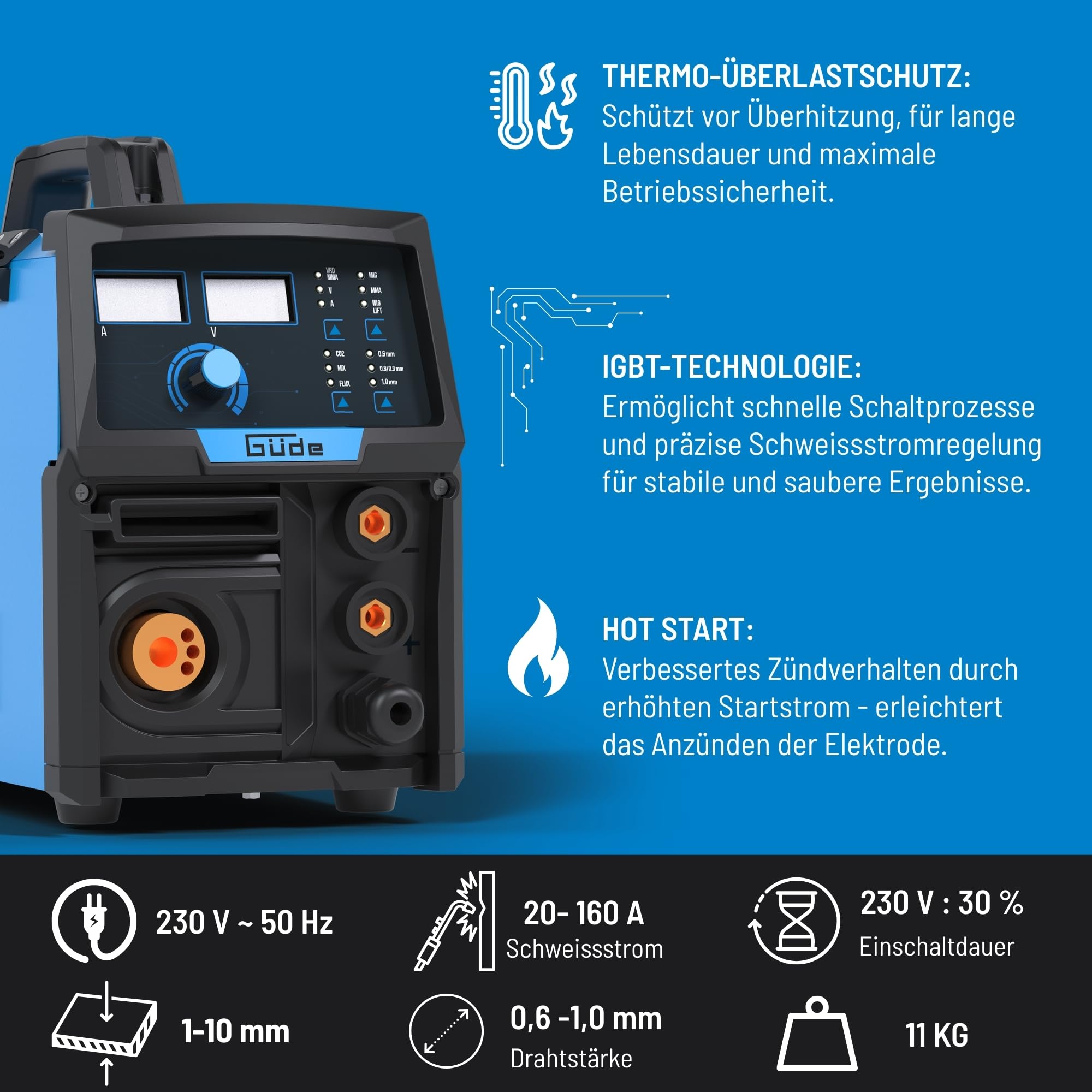 Güde Universalschweissgerät Uni-Mig 165 SYN (230 V, 4 in 1, 160 A max. Schweißstrom, 20-160 A Regelbereich, inkl. Elektrodenhalter, Schlauchpaket, Masseklemme, Druckminderer, Schweißschild, etc.)