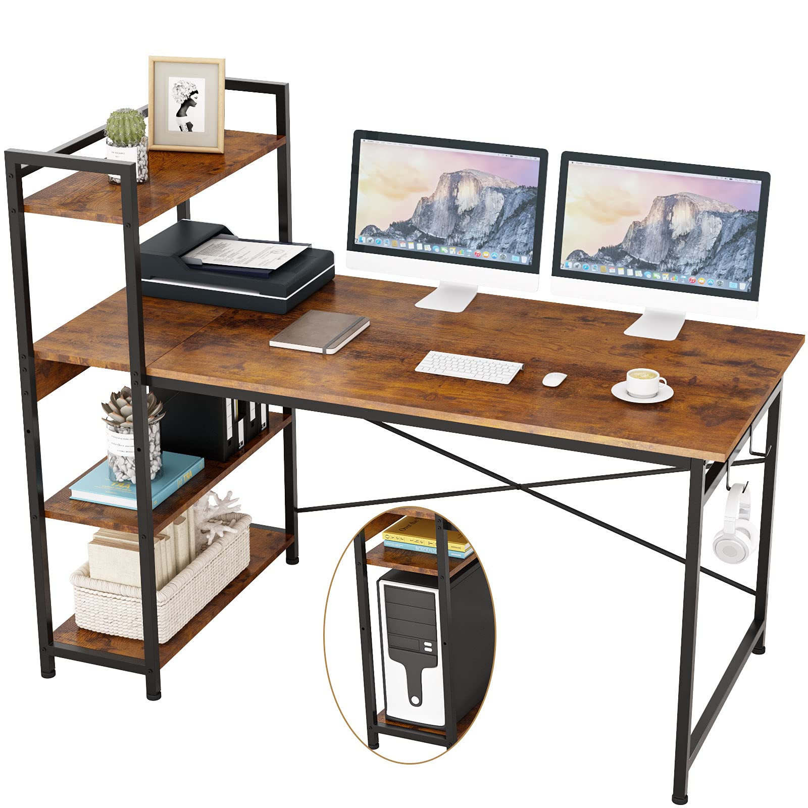 Engriy Computer Desk with 4 Tier Shelves for Home Office, 55" Writing Study Table with Bookshelf and 2 Hooks, Multipurpose Industrial Wood Desk Workstation with Metal Frame for PC Laptop, Rustic Brown