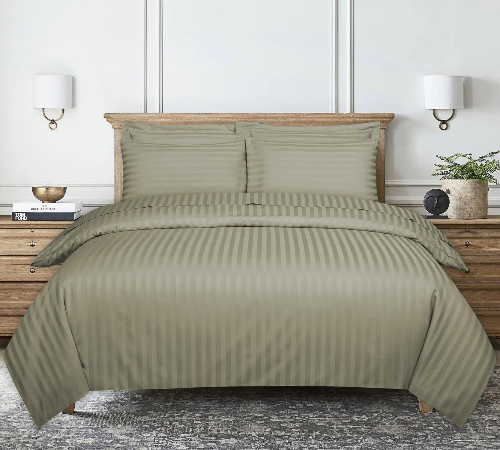 Duvet Cover Stripe Satin Superking, Beige Reversible Soft Microfiber