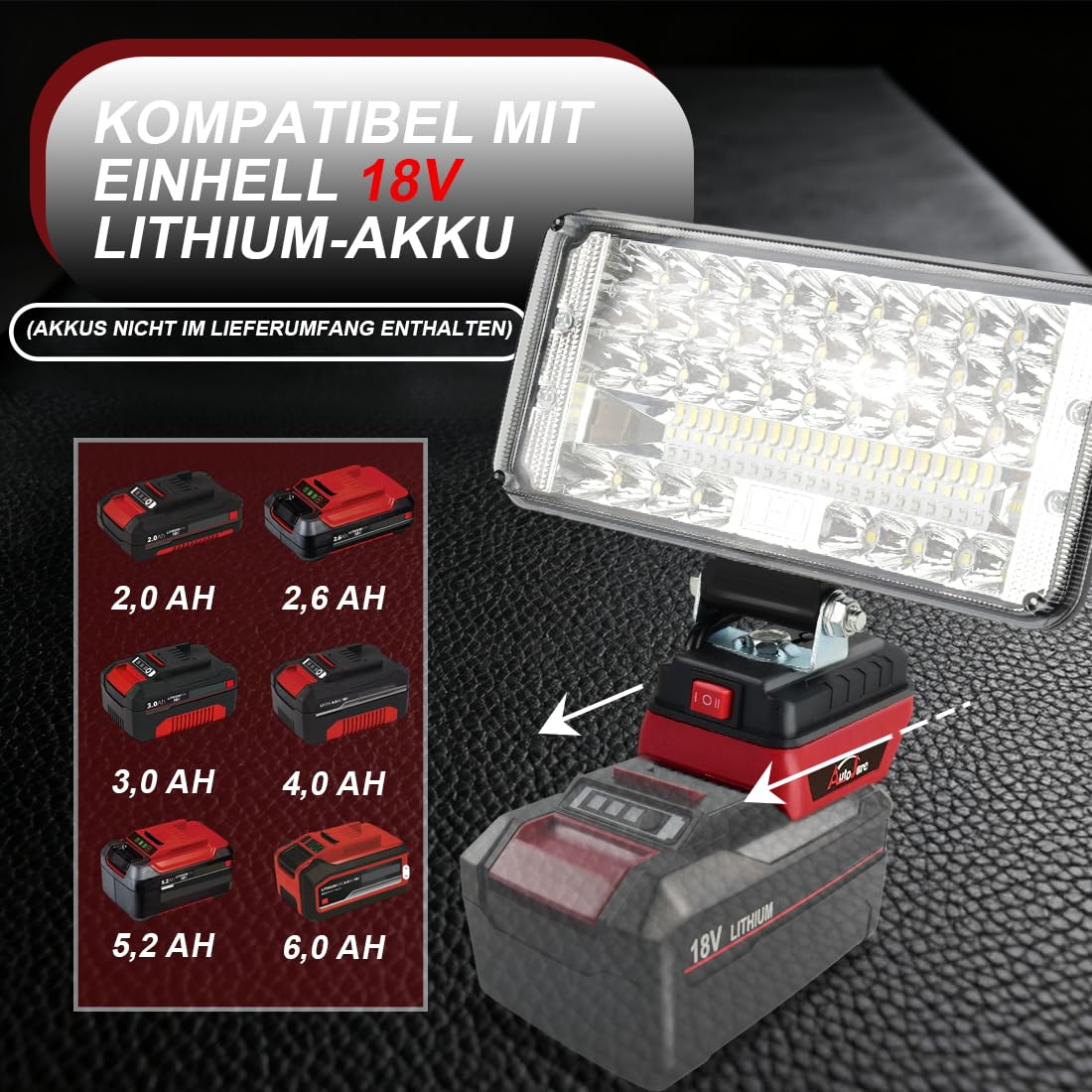 Akku Lampe Kompatibel mit Einhell 18V Batterie 90W Kabellose Led Arbeitsleuchte 7500LM Tragbares Flutlichter 2 Helligkeitseinstellungen Baustellen Lampe mit 2 USB-Aufladung (kein Akku)