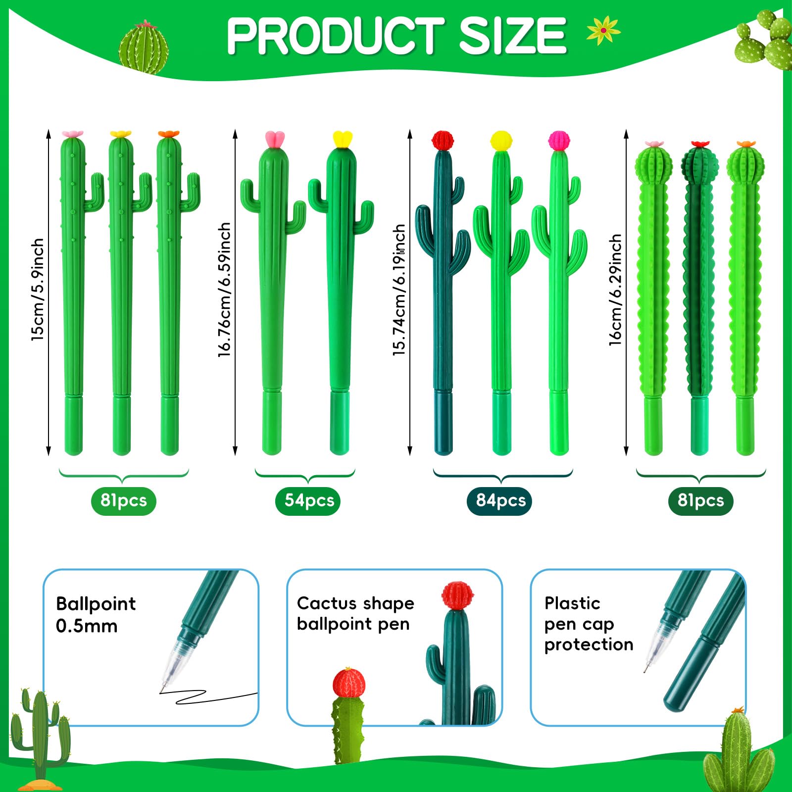 AmazingSpark 300 bolígrafos de cactus a granel para fiestas, bonitos bolígrafos de tinta de gel de 0.5 mm para regalo de regreso a clases, suministros de verano en casa y oficina