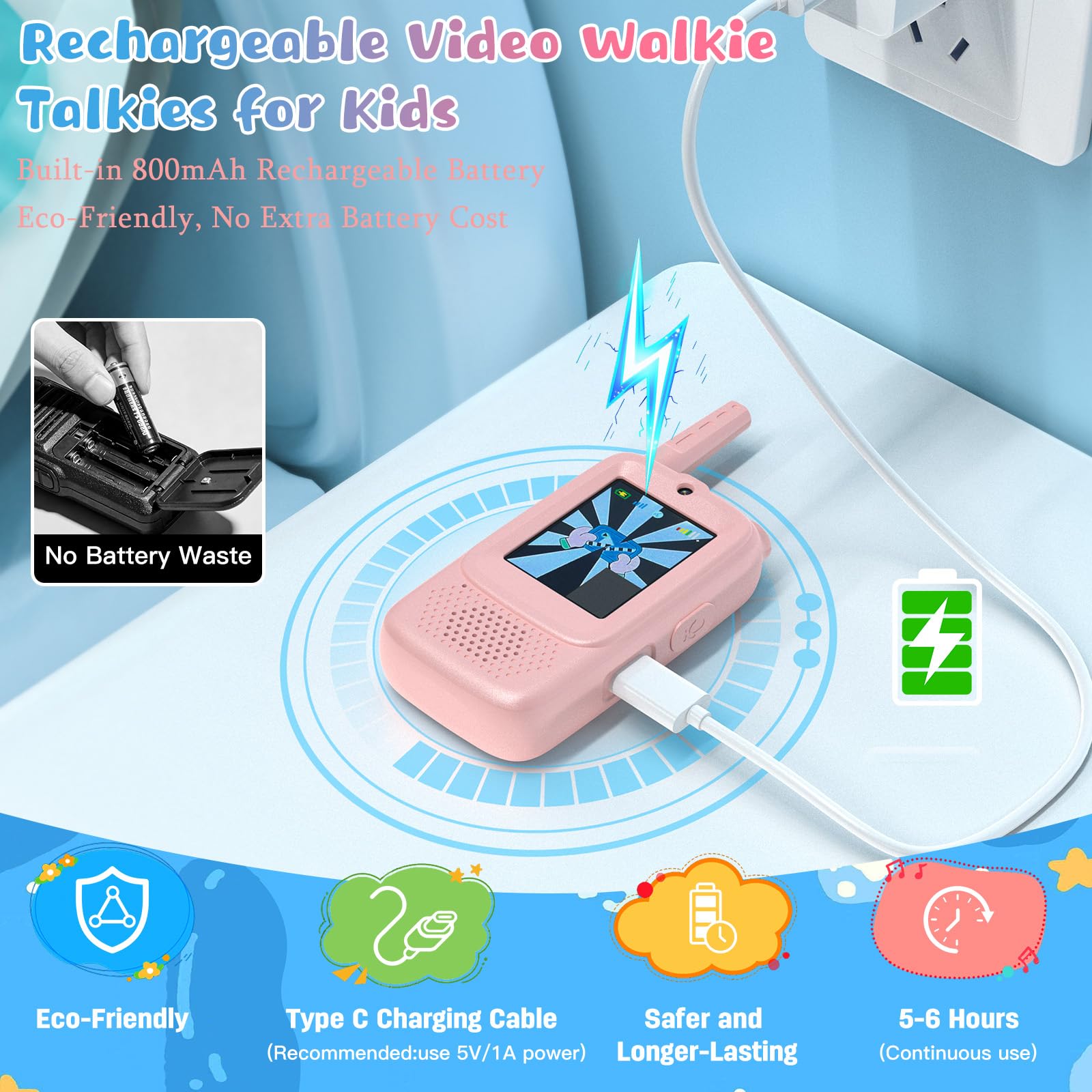 ZealSound Talkie Walkie Enfant Vidéo, Lot de 2 Rechargeables, 3 Effets Vocaux, Portée 200–300 m, Jouet Outdoor pour Filles et Garçons 3–12 Ans, Camping, Jardin, Cadeau Enfant, Q8 Bleu/Rose