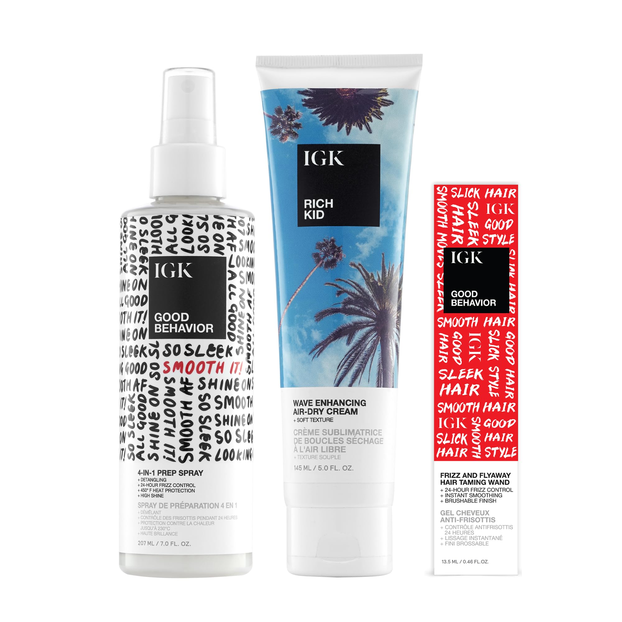 IGK Good Behavior 4-in-1 Prep + Rich Kid Coconut Oil Gel + Good Behavior Taming Wand – Hair Prep, Styling & Frizz Control Trio – Vegan & Cruelty-Free