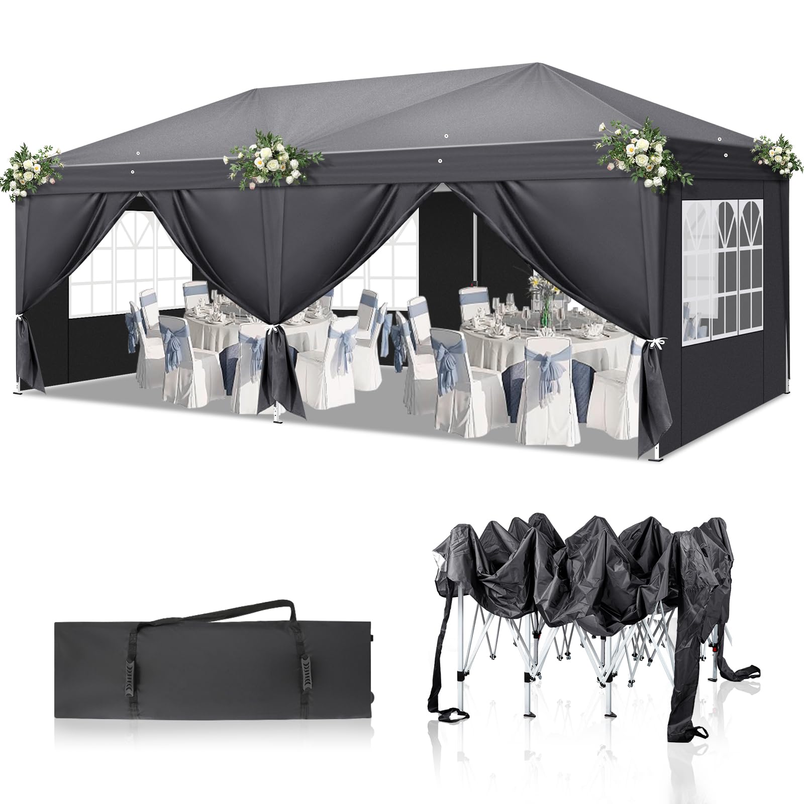 TactFire Pavillon 3x6 m,Faltpavillon,Wasserdicht Stabil Winterfest UV Schutz 50+,420D Oxford,Faltbar Höhenverstellbar,Partyzelt,Gartenzelt,Für Garten Camping,Outdoor,Grau,6 Seitenteilen