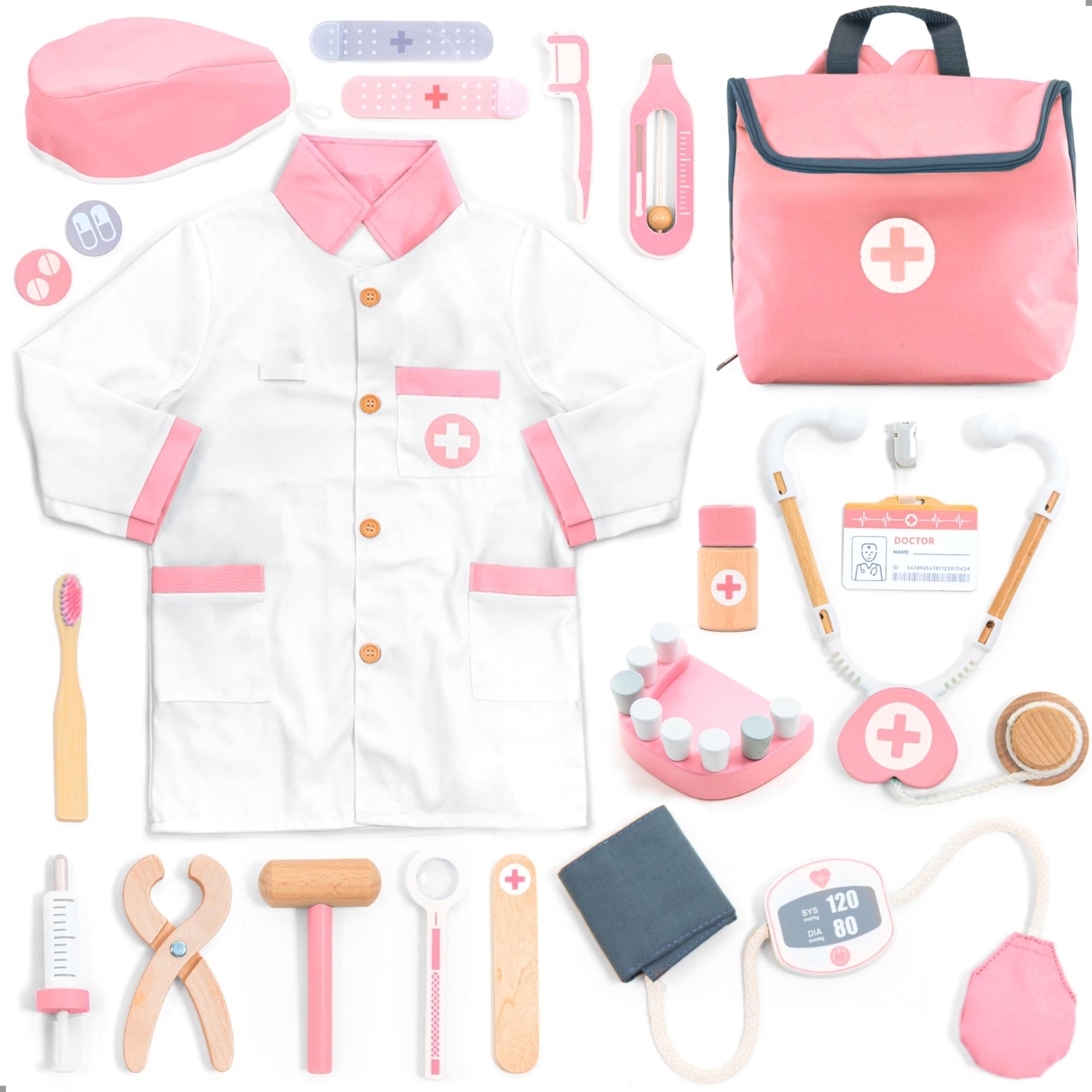 UMU® Arztkoffer Kinder Spielset aus Holz mit Arztkittel, Stethoskop, Zahnarzt Zubehör & mehr, Doktorkoffer Spielzeug für Rollenspiele, 20 TLG. Medizinisches Set für Mädchen ab 3, 4, 5 Jahren
