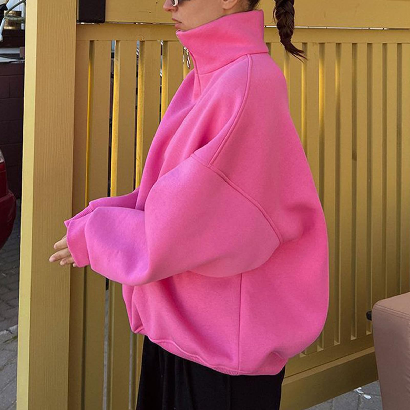 Damskie bluzy z suwakiem ćwierćdługości, polar, długi rękaw, jednolite, casual, luźne bluzy oversize