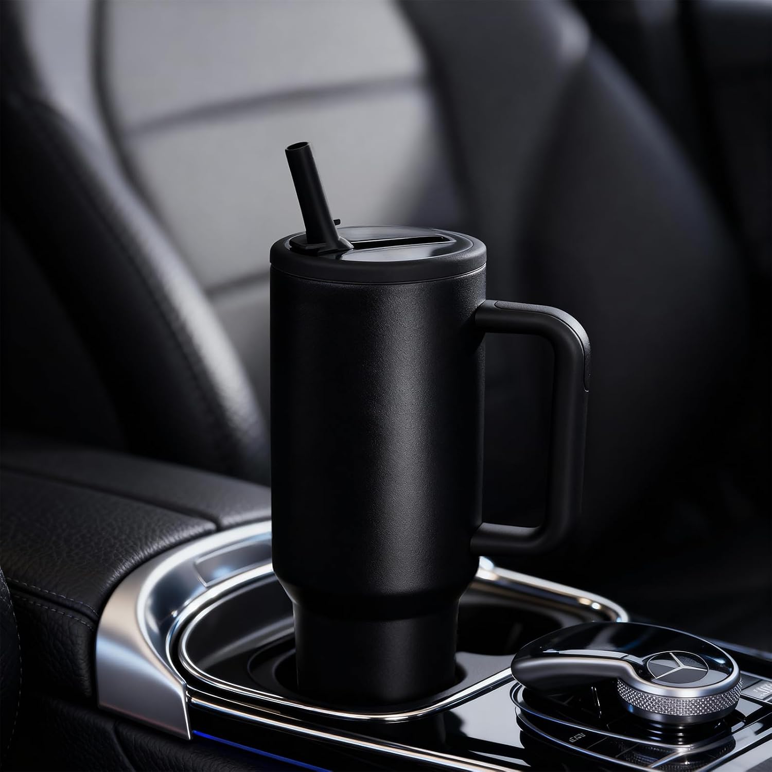 40 oz Insulated Tumbler with Handle,Flip Straw,Lid & Rubber Base Stainless Steel Water Bottle - Leak Proof Vacuum Insulated Mug BPA Free Reusable Travel Cup Gifts for Women/Men (black 40OZ)