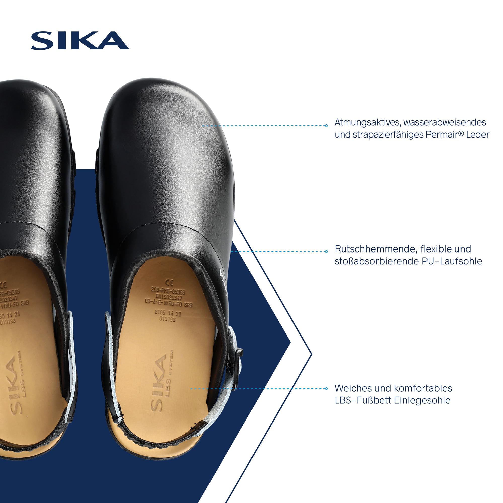 SIKA Unisex Flex LBS Komfort-Clog, weiches LBS-Fußbett mit Fersenriemen,breite Passform,Permair-Lederschuh,rutschfeste PU-Laufsohle für Krankenhäuser, Lebensmittelindustrie, Gastronomie & Pflegeberufe