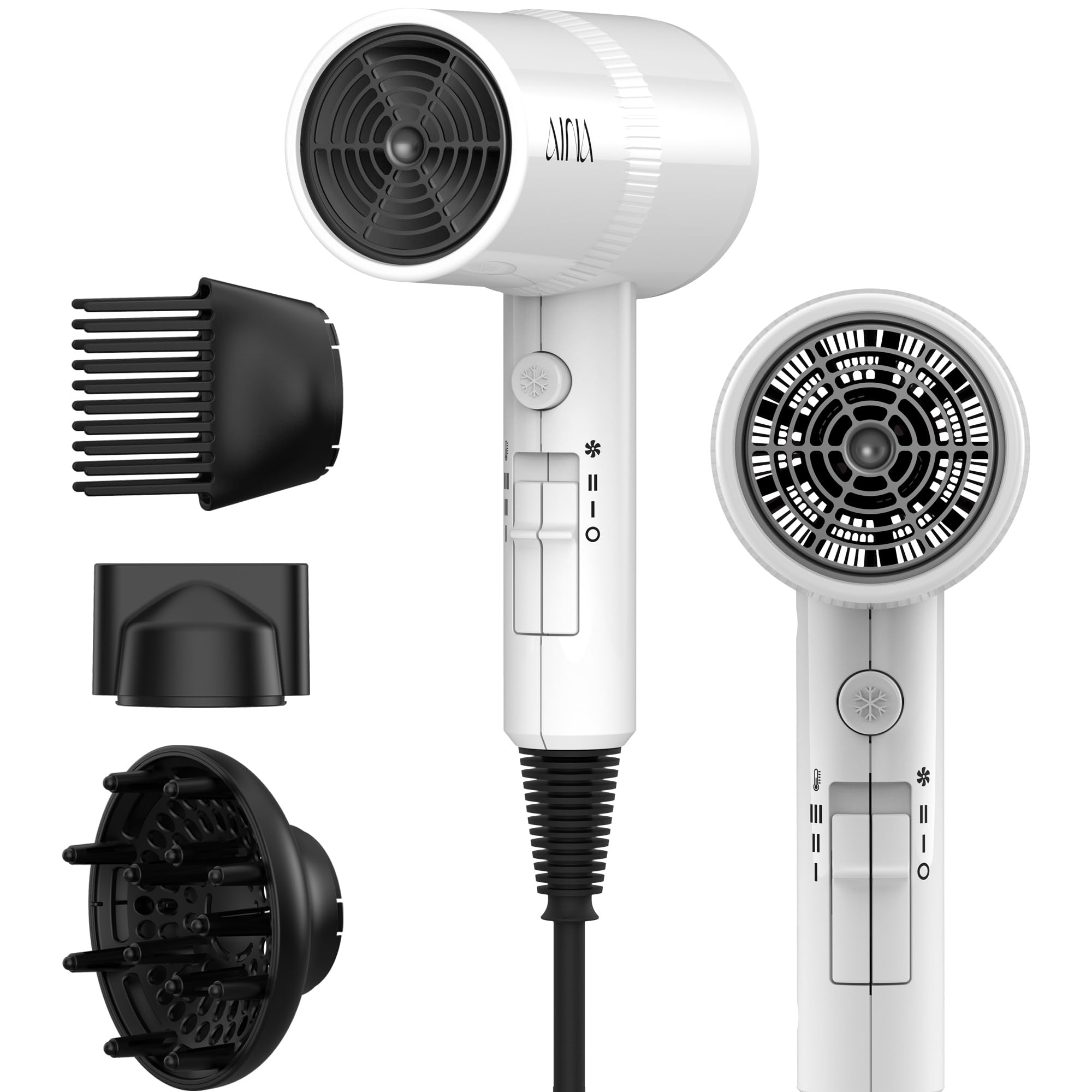 AINA Hair Dryer with Diffuser,Comb Full-Featured Blow Dryer 110V(White)