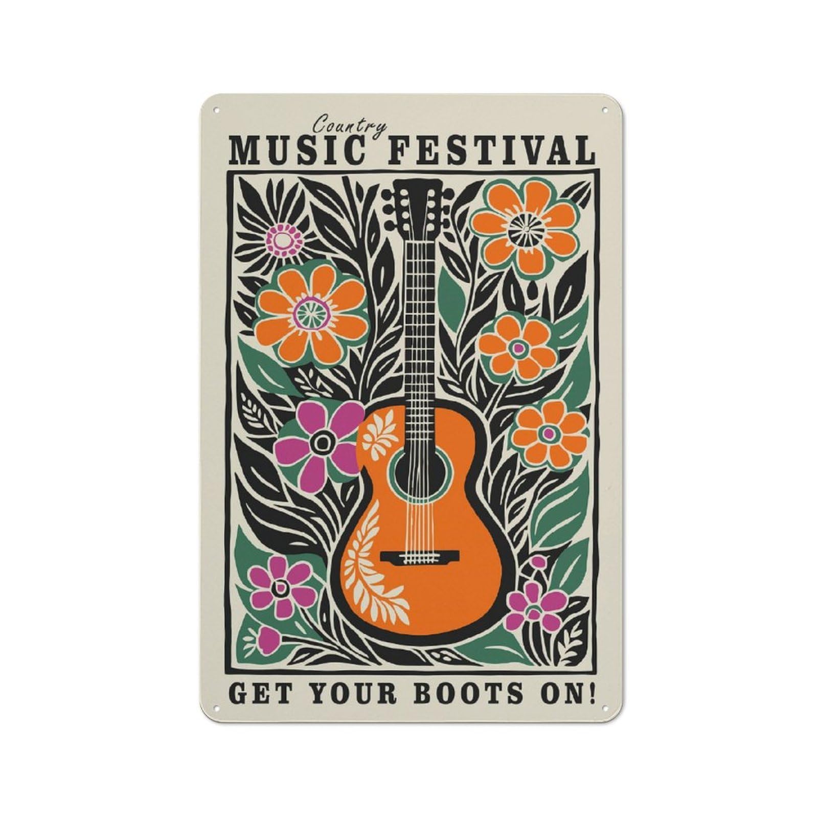 Junmoney Style-8 Country Music Festival Guitar Floral Art Vintage Metal Plaque 30X20cm For Living Room Wall, Suited To Living Room Decor Lovers
