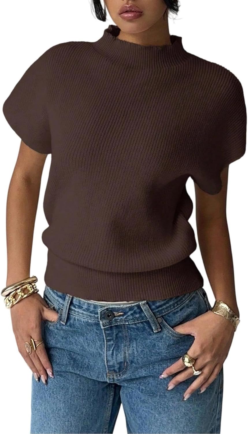 SOLY HUX Women's Short Sleeve Sweater Pullover Mock Neck Ribbed Knit Tops Work Office Outfit