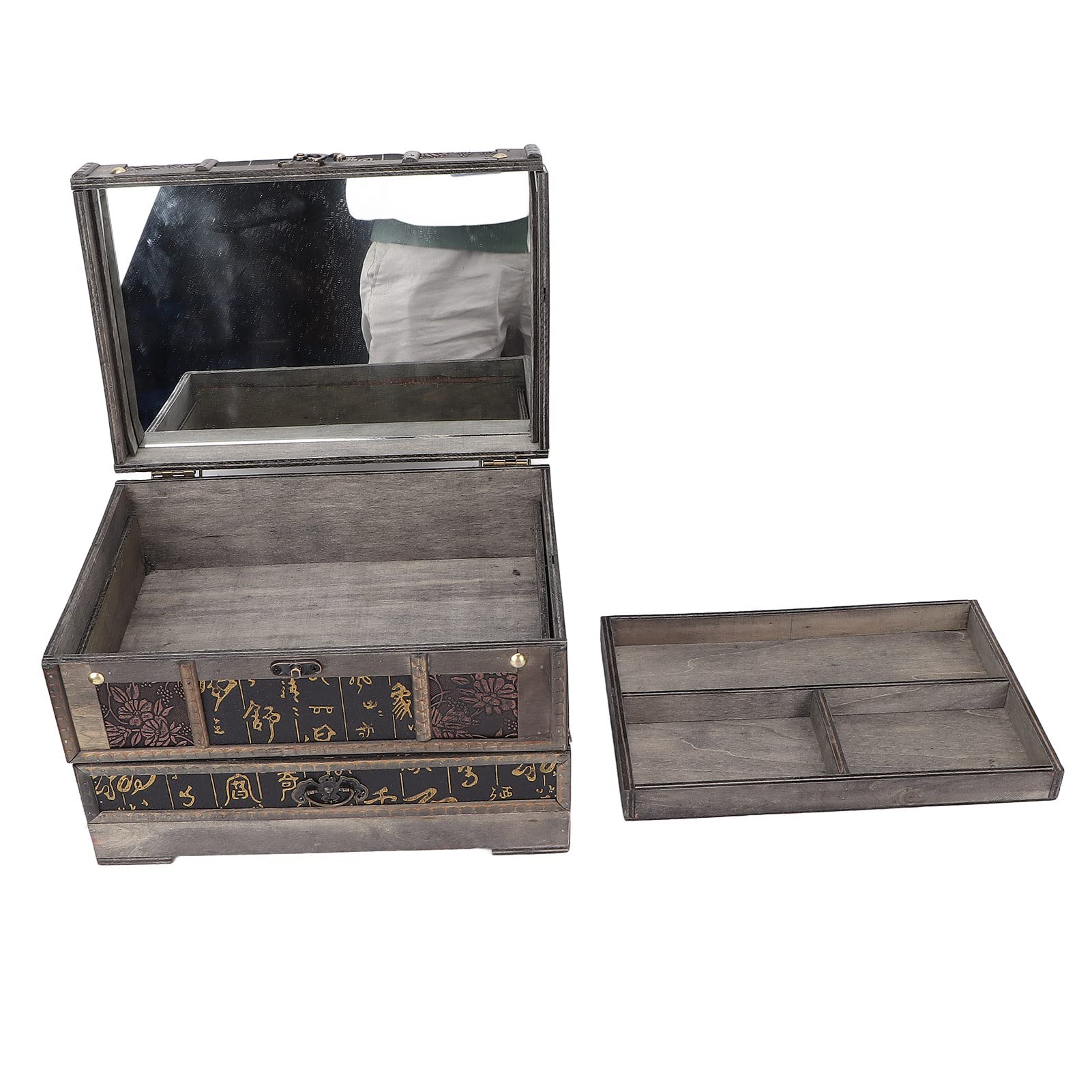 Retro drewniane pudełko na biżuterię kobiety opatrunek makijaż naszyjnik bransoletka przechowywanie etui organizer z lustrem