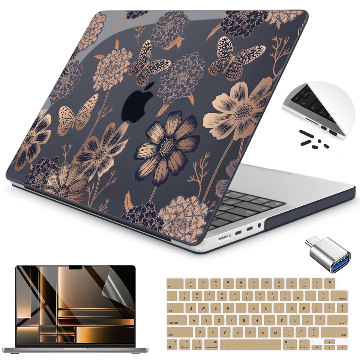 Teryeefi Case for MacBook Pro 14 Inch M5 M4 M3 M2 M1 (2021 2023 2024 2025) with Keyboard Cover & Screen Protector & OTG Adapter, Flower & Butterfly