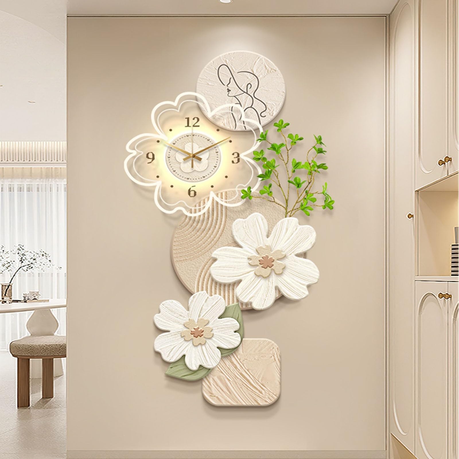 Dekoracyjny obraz z zegarem Large Floral Wall Light Decoration with Clock and Remote Control, Adjustable Wall Light Wall Clock Mural Decoration Lampa ścienna(Green,70 * 140cm)
