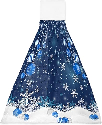 Christmas Hanging Kitchen Towels Xmas Ball Snowflake Snow Hand Bath Towels with Hanging Loop Blue Soft Absorbent Drying Dish Tie Towels for Kitchen
