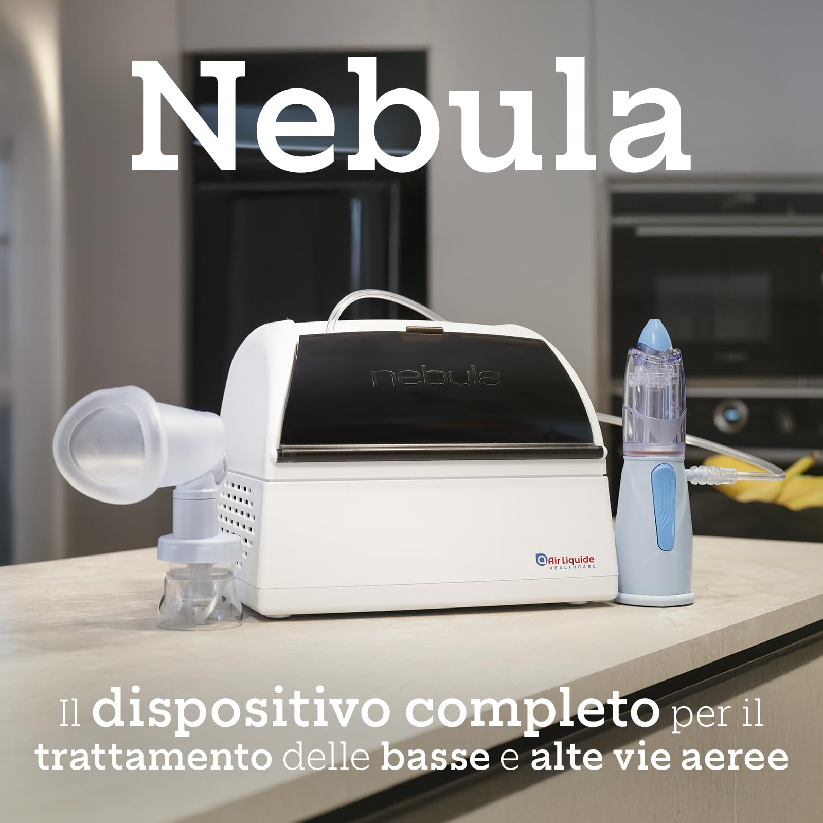 Air Liquide Healthcare, NEBULA, Sistema Completo per Aerosolterapia per Adulti e Bambini, Dotato di RINOWASH, NEBULA SPACER e Maschera Pediatrica, Ideale per tutta la Famiglia, Terapia Completa