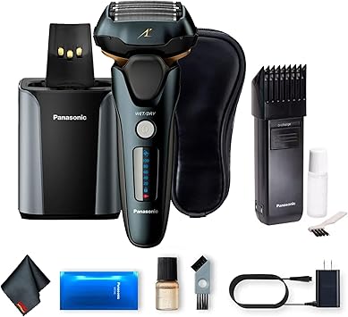 Panasonic ARC5 Luxury 5-Blade Mnes Electric Shaver ES-LV97-K Bundle Including Clean and Charge Station, Panasonic ER389K Rechargeable Beard and Mustache Trimmer, Fiber Cloth, Case for Shaver, More