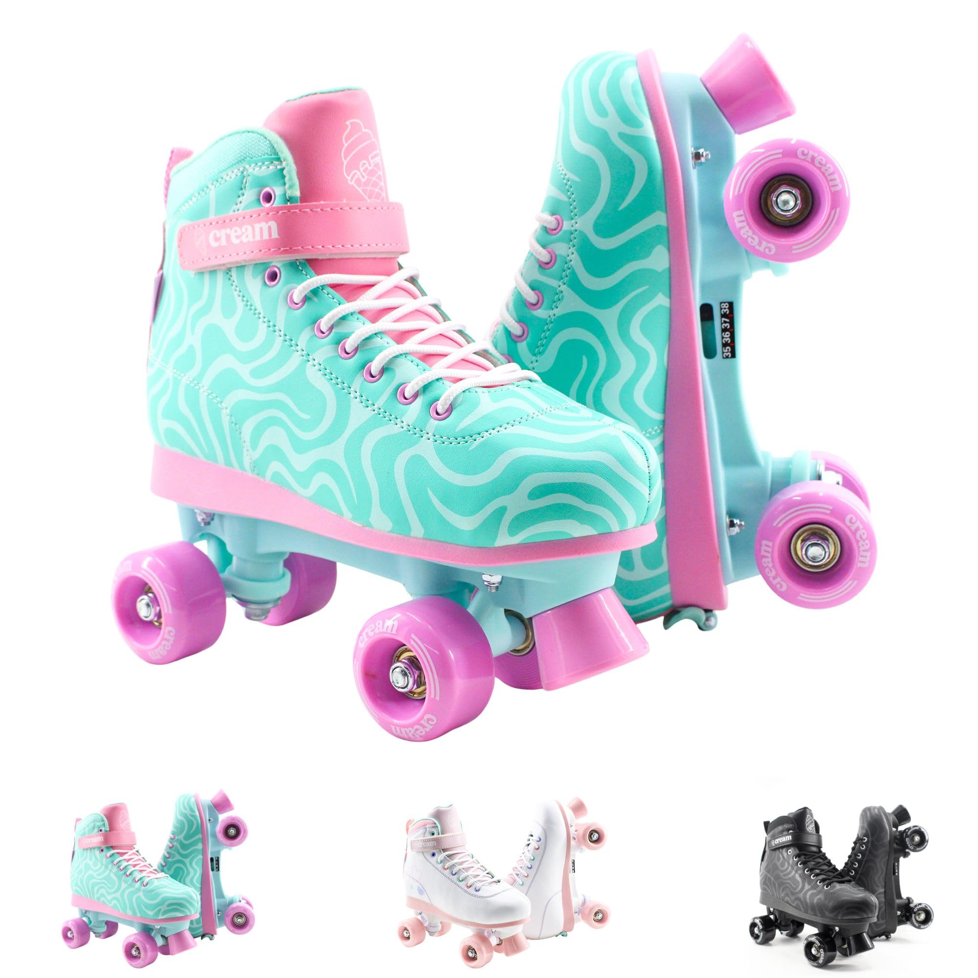 CREAM Scoop Kids Adjustable Quad Roller Skates for Beginners – 4-Size Grow-With-You Fit for Extended Use – Stable 4-Wheel Design for Improved Balance – Boys and Girls (Wave - Teal/Pink)