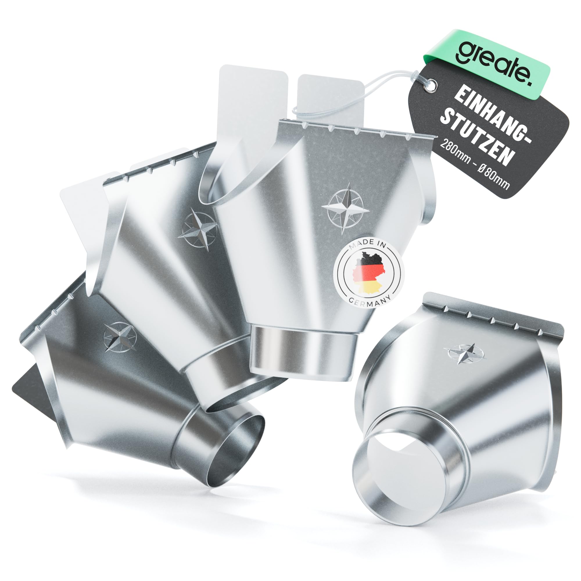 greate Einhangstutzen verzinkt für Dachrinne 280/80 - Made in Germany | 4er Pack Rinnenstutzen für halbrunde 280 Dachrinnen als Verbindungsstück an 80 mm Fallrohr - Ablaufstutzen Dachrinne