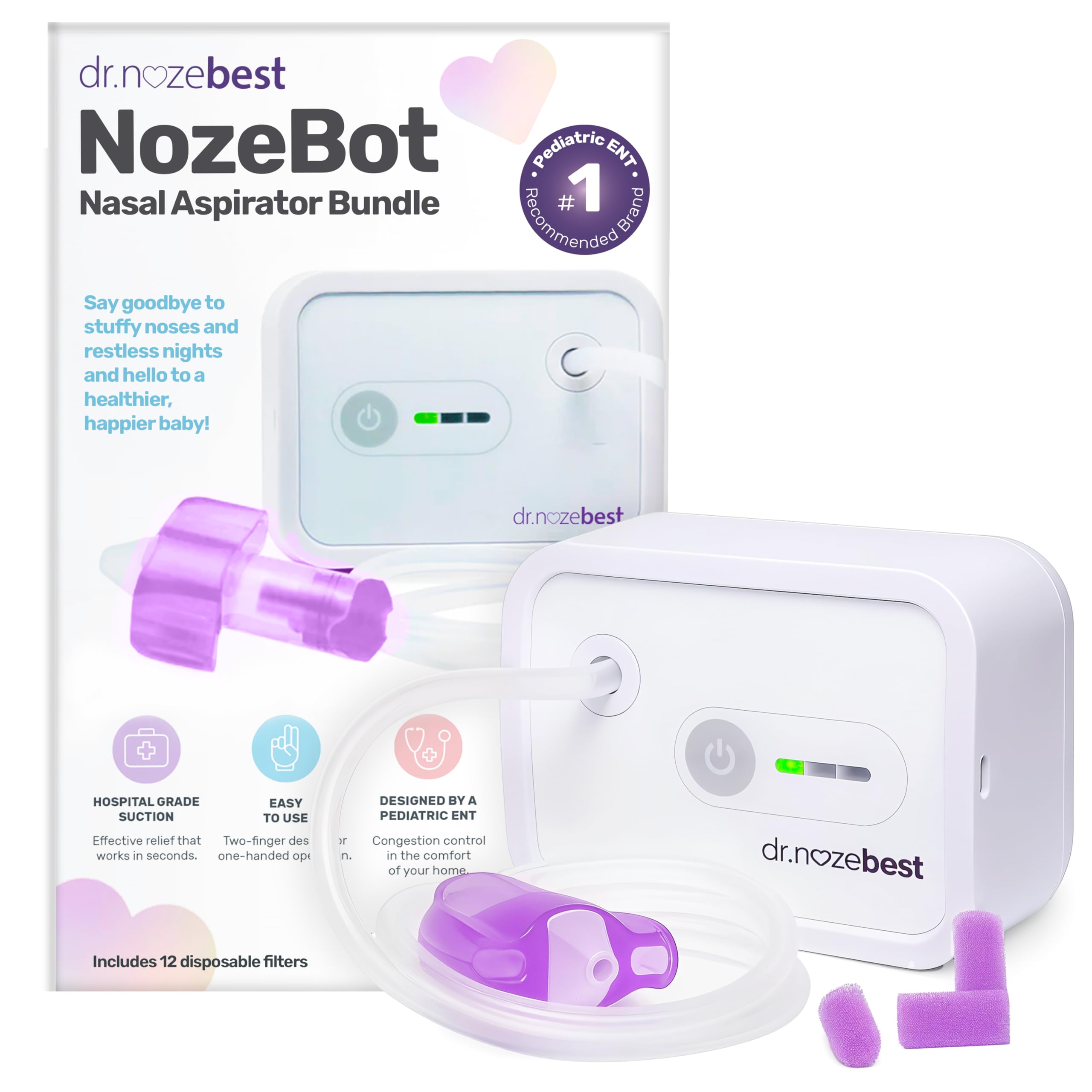 Dr. Noze BestNozeBot | Electric Baby Nasal Aspirator | Hospital Grade Suction | Nose Sucker and Nasal Vacuum | Safe for Infants and Toddlers (Mild to Severe Congestion - The Original NozeBot)