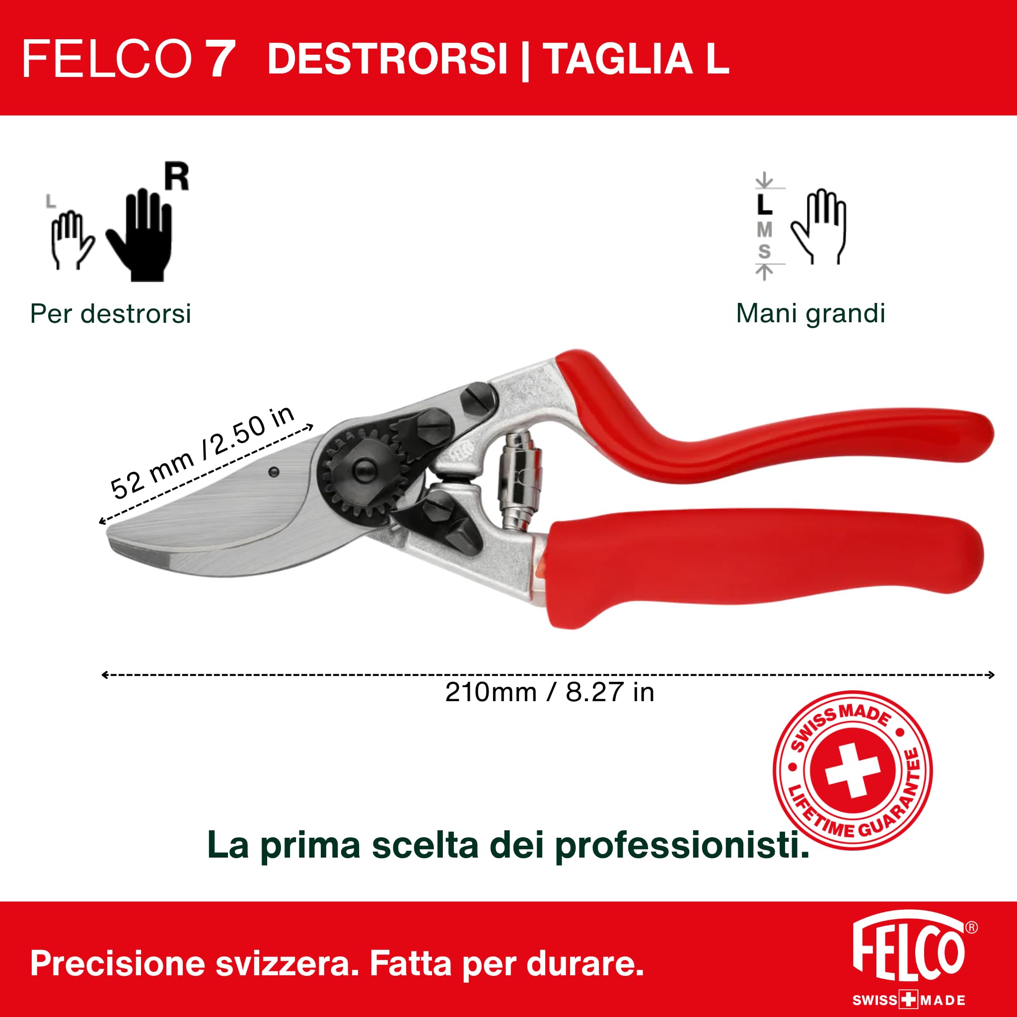 FELCO 7 forbice bypass per destrimani con manico rotante, lama in acciaio temprato 45 mm, manici in alluminio forgiato, ergonomia per mano grande, taglio potente 25 mm