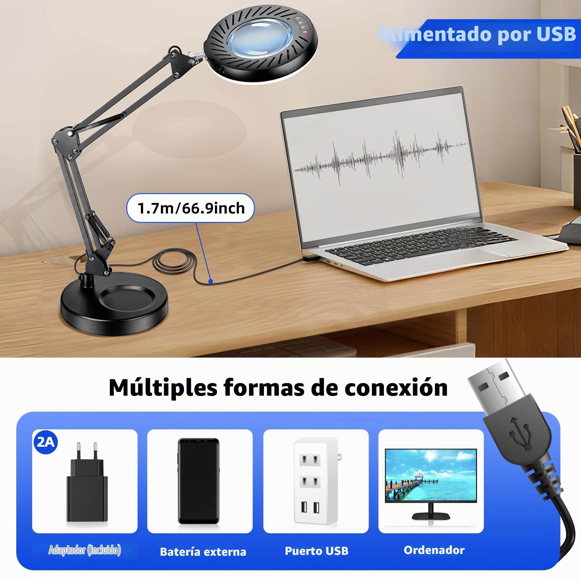 12X Lupa con Luz y Soporte & Brazos Articulados, Adaptador 2A incluido, 5 Modos de Color 9 Brillo, Lupa de Trabajo Luz LED para Trabajos de Precision Modelismo Pintura de Miniaturas Lectura, Negro