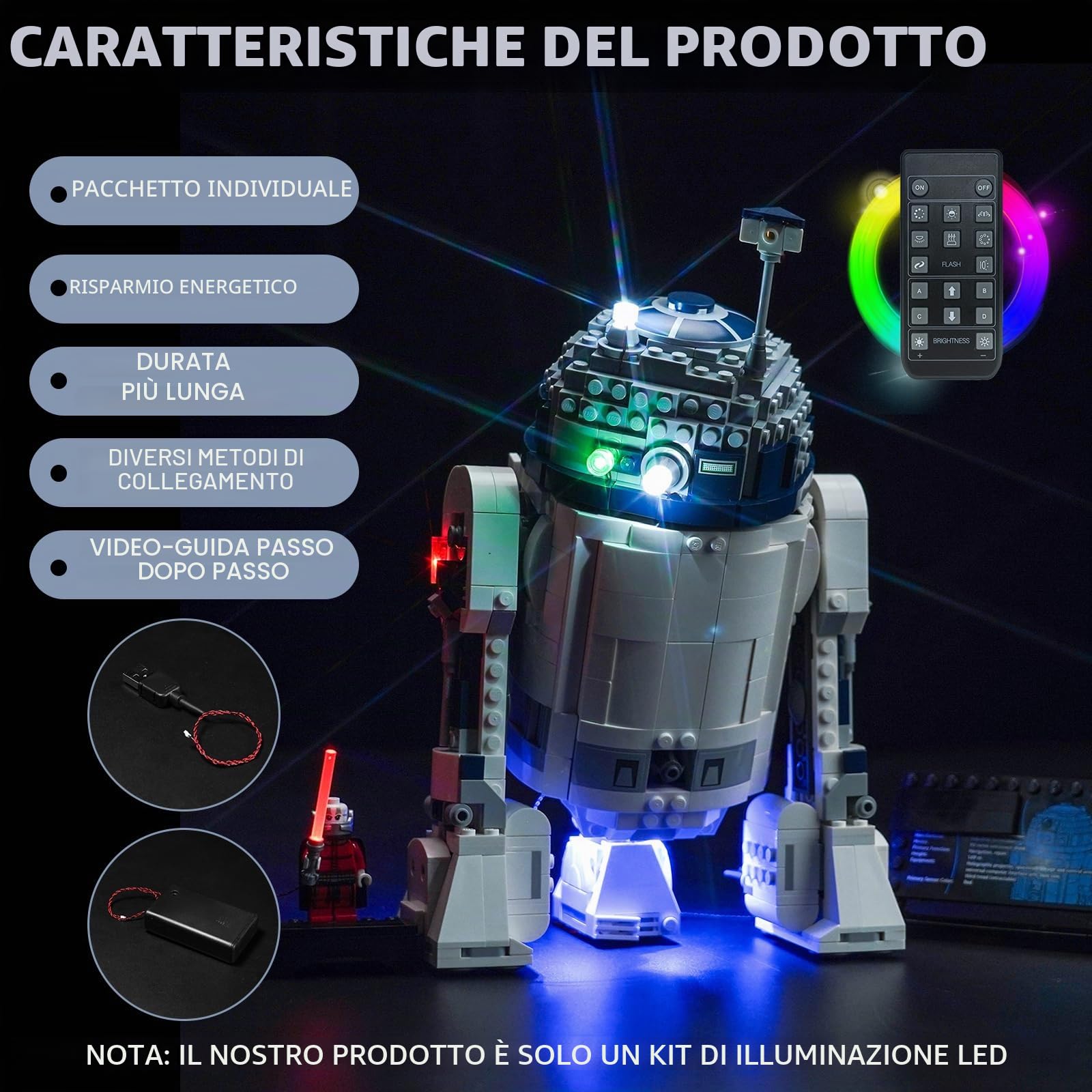 BrickBling Kit luce telecomando per Lego 75379 R2-D2 (non Lego), set di illuminazione a LED per Lego R2-D2 giocattolo creativo, DE-75379-P63402