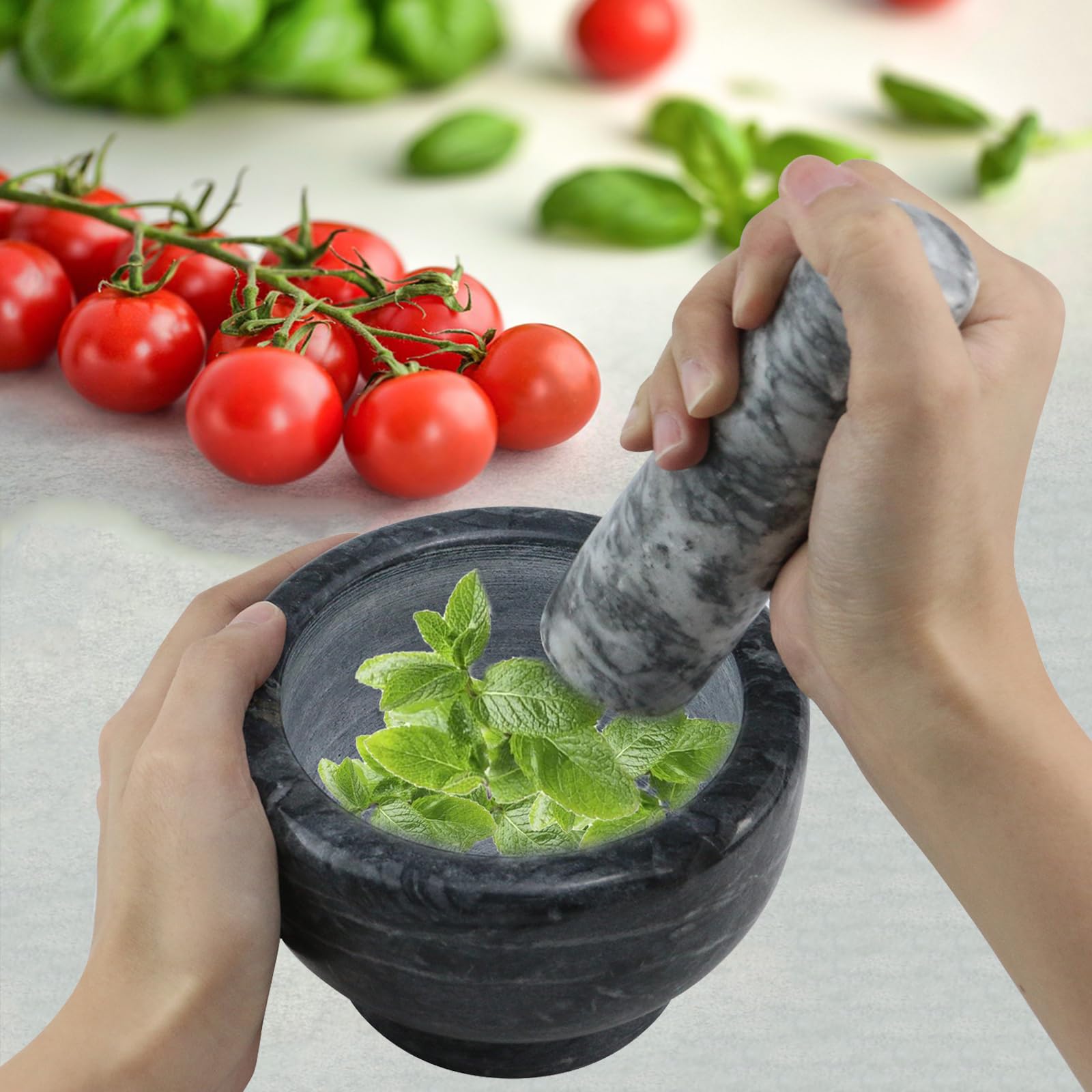 KUMGROT Set di mortaio e pestello in marmo grigio naturale smerigliatrice spezie in pietra lucidata Molcajete ciotola per spezie pesti cottura miscelazione erbe fagioli carne aglio, 15 cm