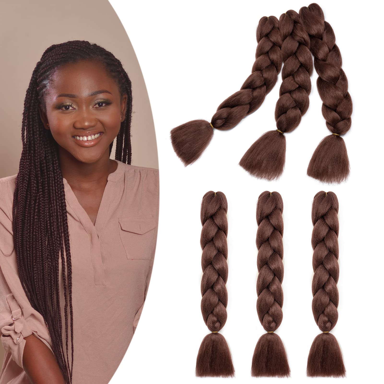 Gairyan 24" Extensiones para Trenzas Africanas Extensiones de Pelo Trenzas Africanas 1 Paquete Pelo Sintetico Extensiones de Trenzado de Cabello Box Crochet Braiding Hair(Castaño Oscuro)