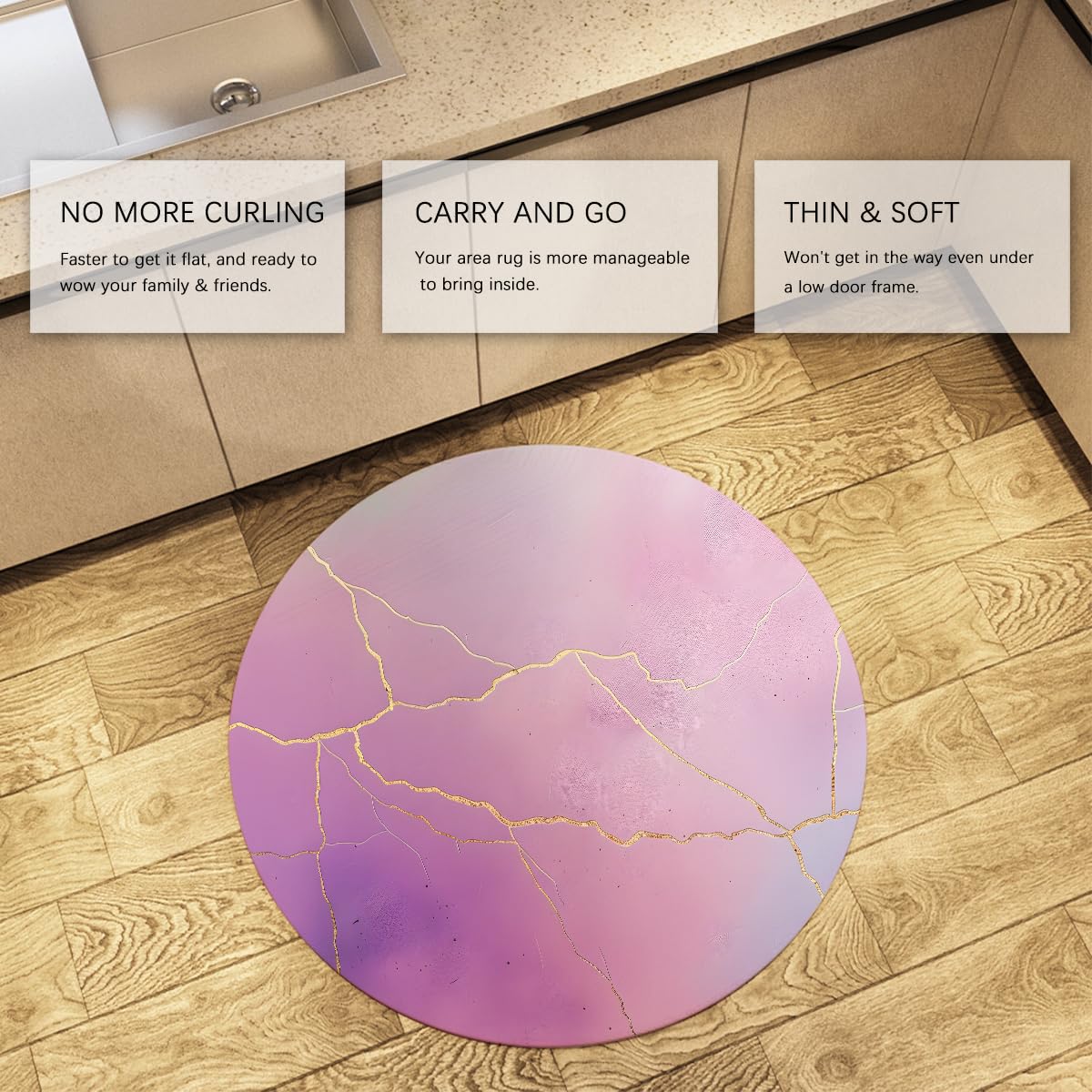 Gold Cracks rutschfeste Rundteppiche 100cm Lila Rosa-Gold Marmor weicher waschbarer niedriger Runder Teppich für Wohnzimmer Schlafzimmer Haustür