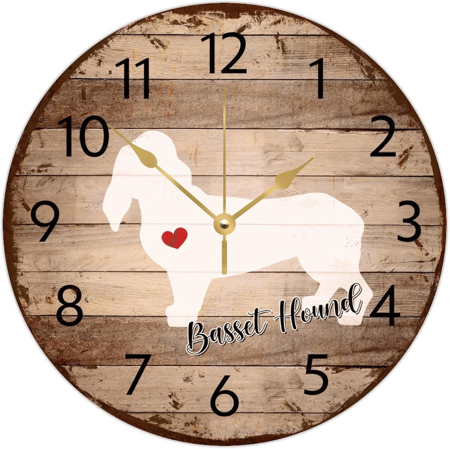 12 Inch Silent Non-Ticking Wall Clocks Battery Operated Basset Hound Home Decor for Hotel Puppy Lover Pet Gifts Rustic Round Wooden Wall Clock Vintage for Conference Room Warehouse