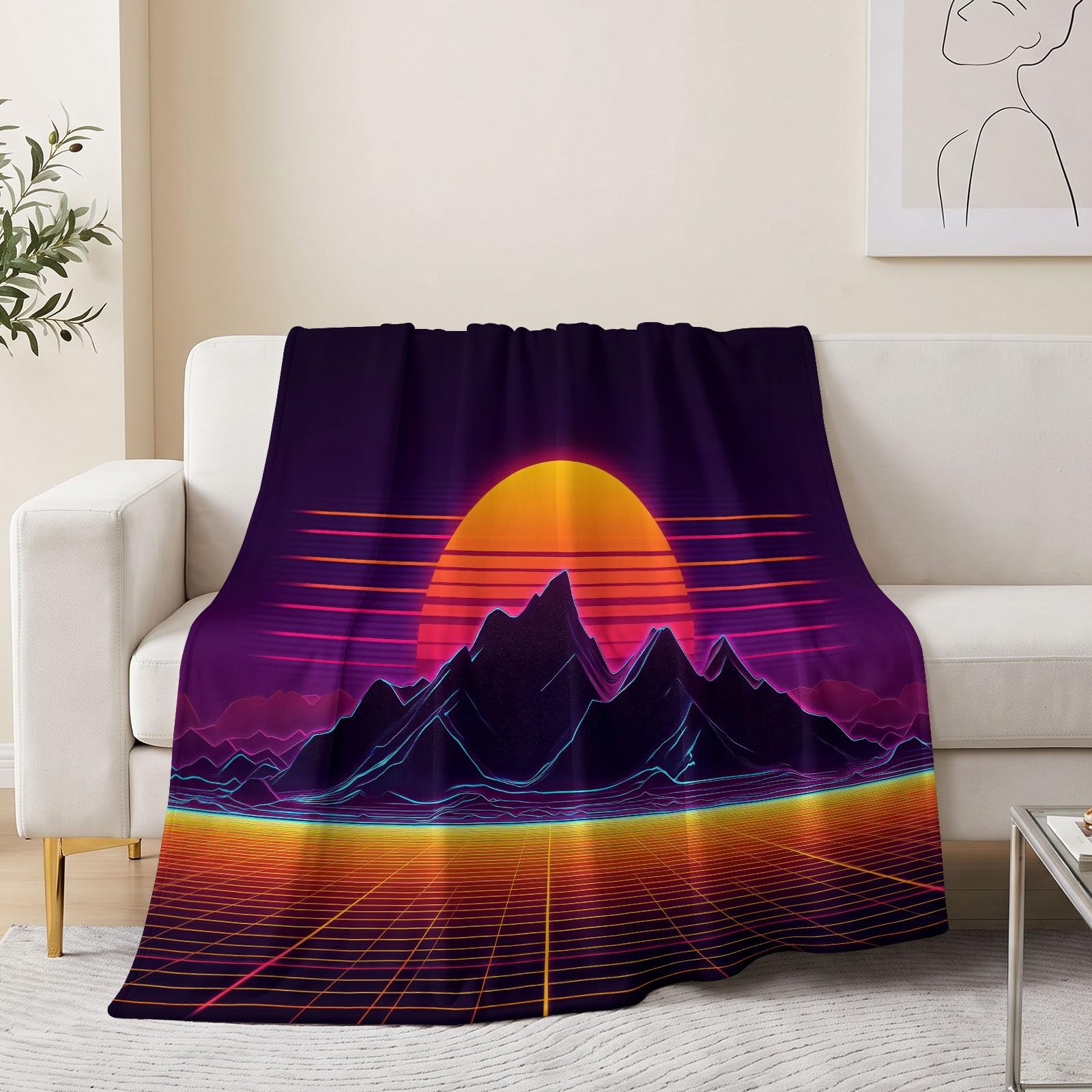 Koc polarowy z motywem gier, miękki, neonowy koc polarowy, góry słoneczne dla dorosłych i dzieci, miękki koc, ciepły na kanapę, 150 x 200 cm