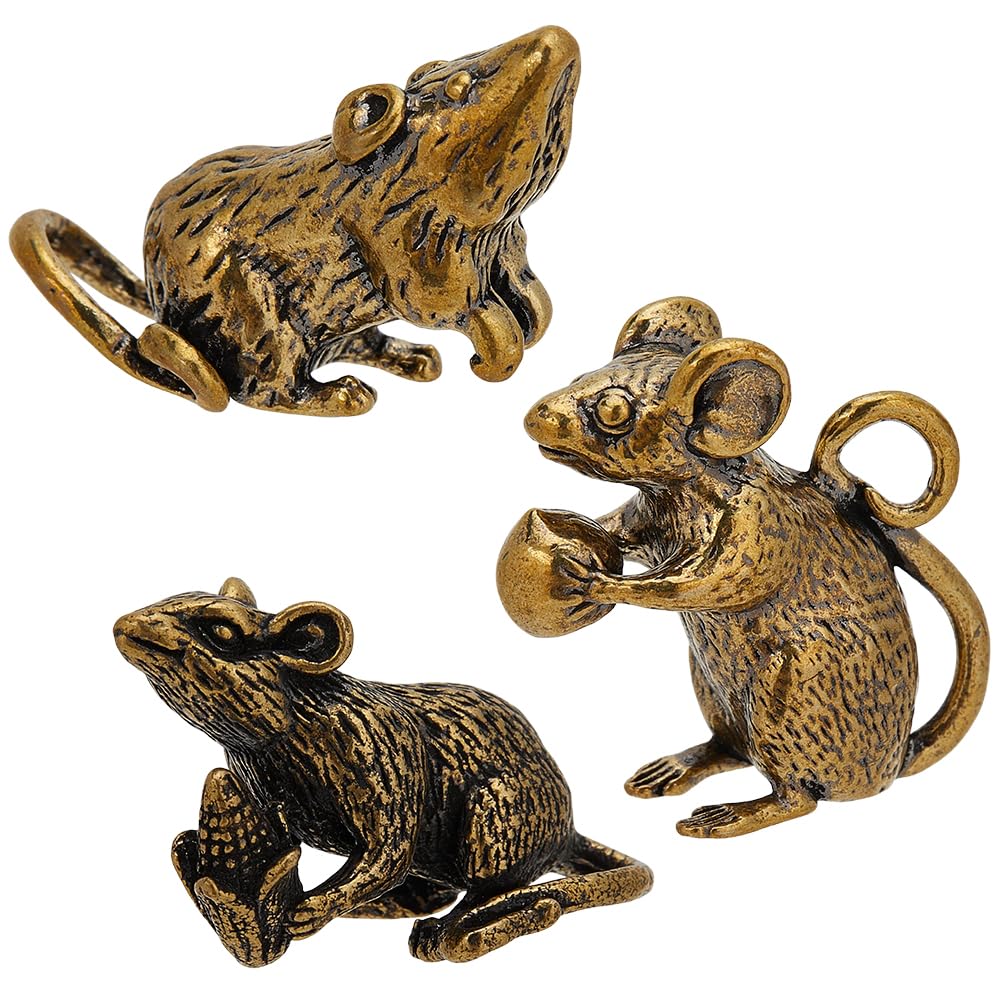 WEBEEDY 3 Styles Brass Mouse Figurine Mini Gold Lucky Rat Statue Chinese Zodiac Statue Feng Shui Art Ornaments for Home Office Garden Desk Birthday Housewarming Gift DIY Craft