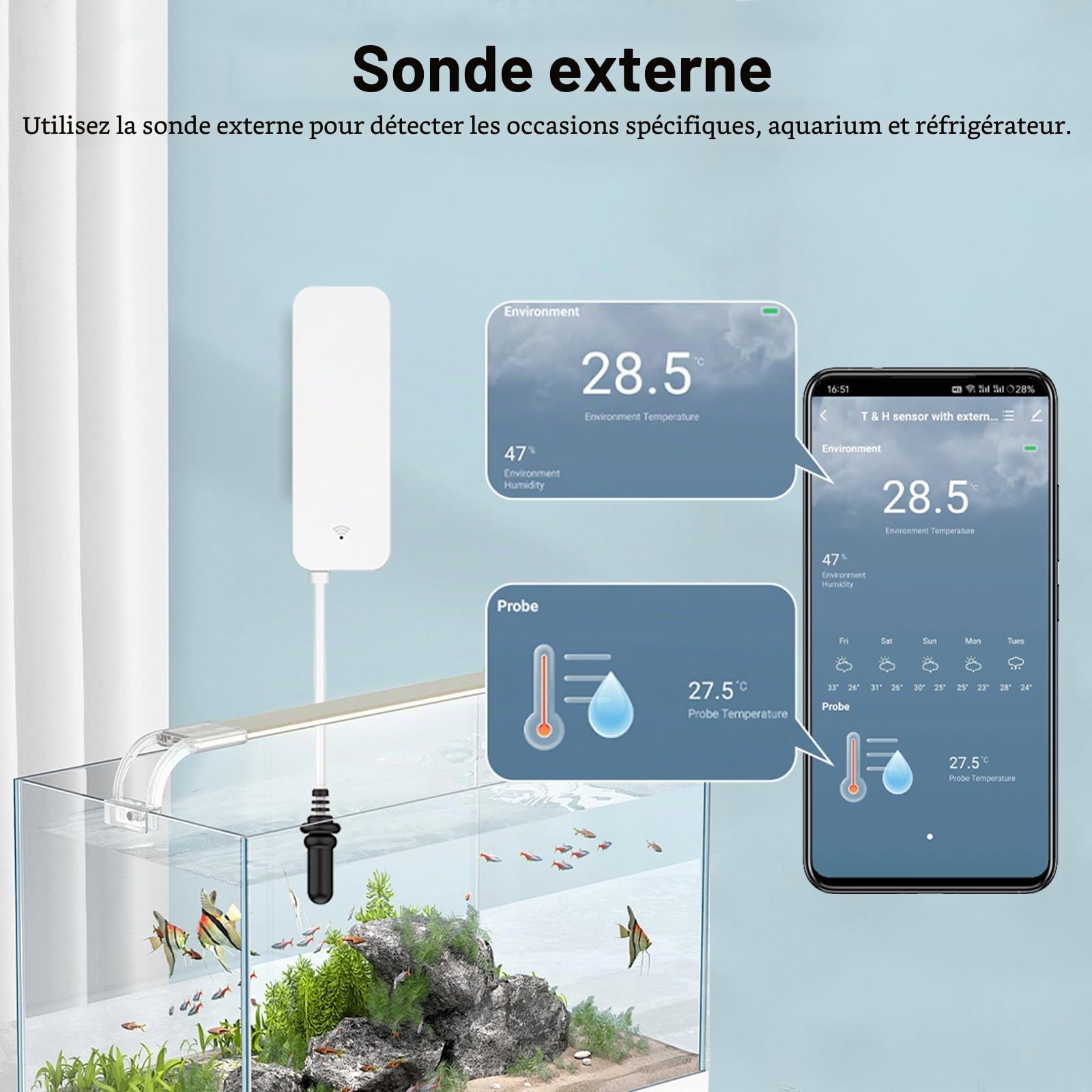 Lot de 4 thermomètres intelligents - Capteur de température WiFi avec sonde externe - Thermomètre de fonction météo - Hygromètre - Pour congélateur, aquarium, alarme d'application, moniteur à distance
