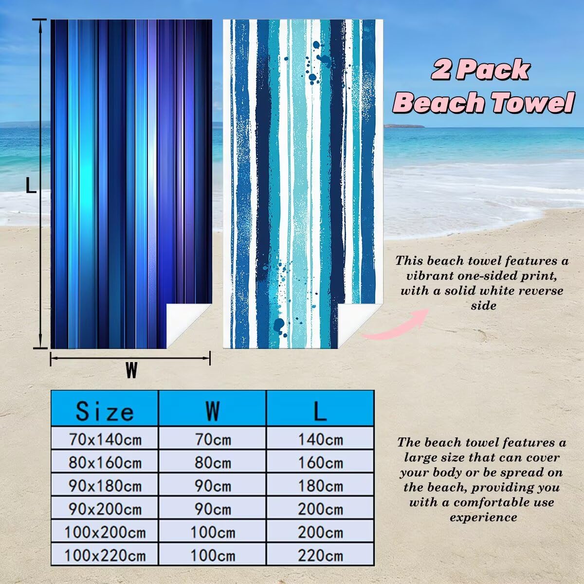 Toalla Playa 80x160 cm, Toalla Gimnasio Microfibra Secado Rapido, Juego de 2 Antiarena Toallas de Playa, Ligera Compacta Toallas Microfibra Grande para Viaje, Regalo Hombre Mujer (A rayas) -4175