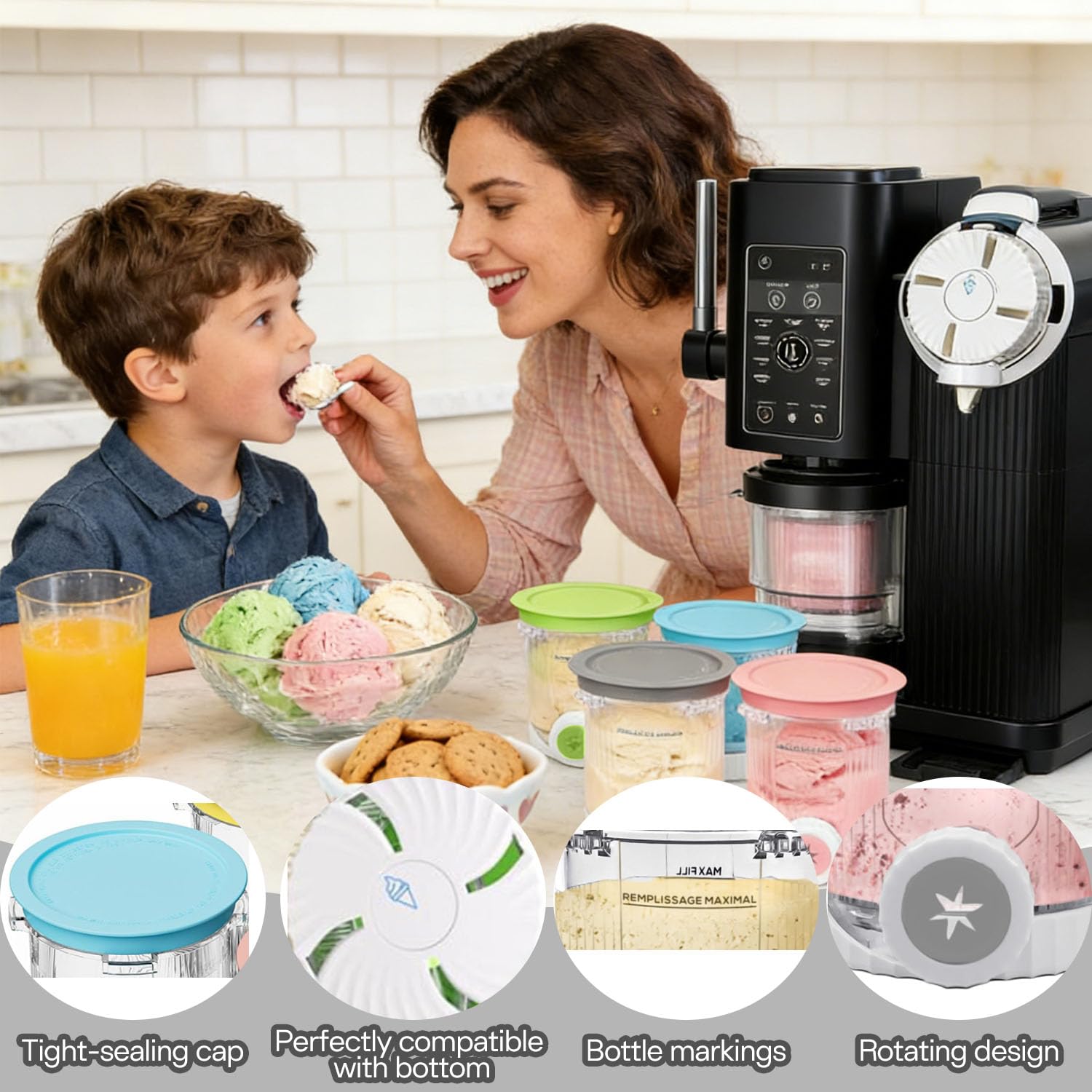 Lot de 4 Pots pour Ninja Creamy Deluxe NC700 NC701,480ml Pot pour Ninja Creamy Swirl,Accessoires pour Ninja Machine à Glace,Sans BPA avec Couvercles Étanches et Lave Vaisselle