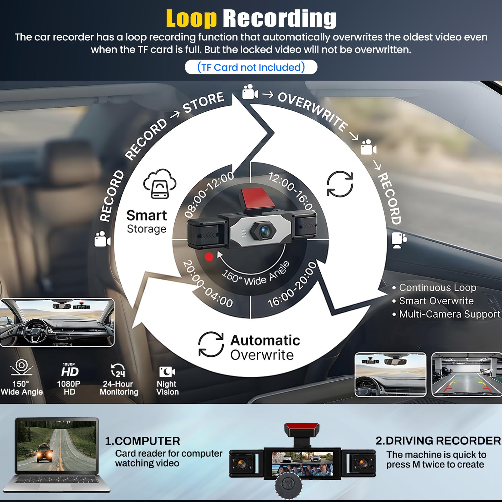Cámara para Coche, 4 Canales Frontal Trasera Izquierda y Derecha 1080P HD, Protección Integral de 360°, Grabación de vídeo de Seguridad para Coche, Visión Nocturna, Grabación en Bucle