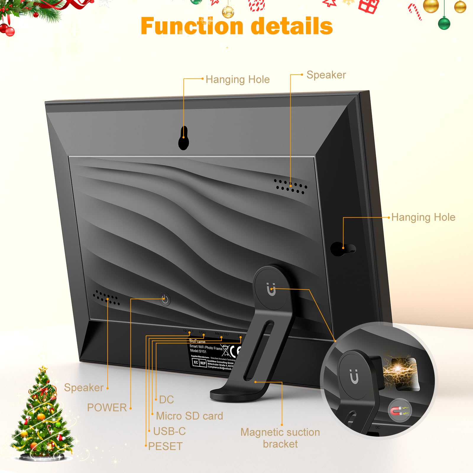 Zcyge Cornice Digitale WIFI 10.1 '' IPS Touch Screen,Con 32gb Di Memoria,Condividi Foto e Video Tramite e-mail e APP,Portafoto Digitale con Auto-rotazione,Sensore di Movimento,Tempo Metereologico