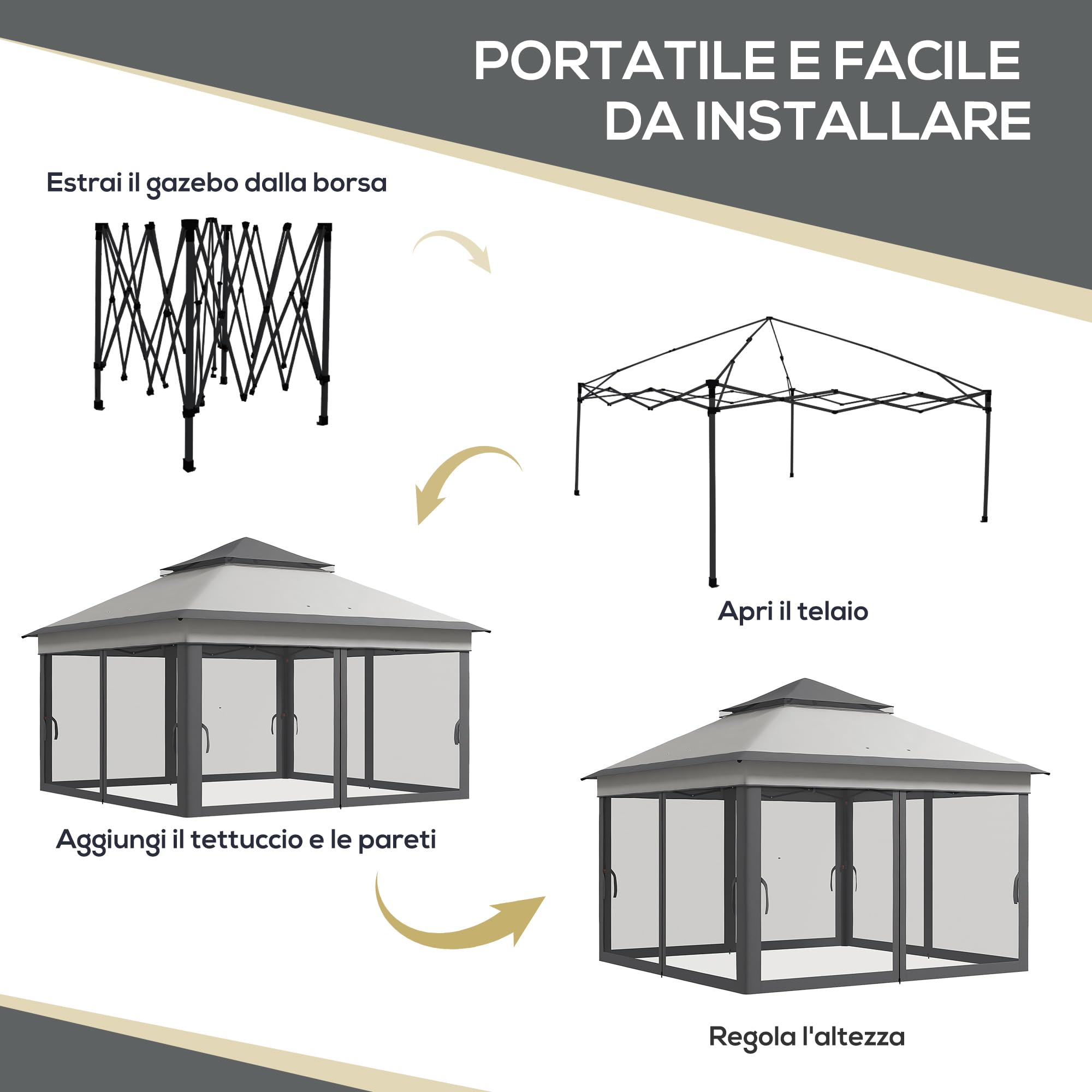 Outsunny Gazebo Pieghevole Pop Up con Zanzariere Rimovibili, Altezza Regolabile e Borsa da Trasporto, Gazebo da Esterno in Acciaio e Tessuto Oxford, UV 30+, per Giardino, Feste, Campeggio, Grigio