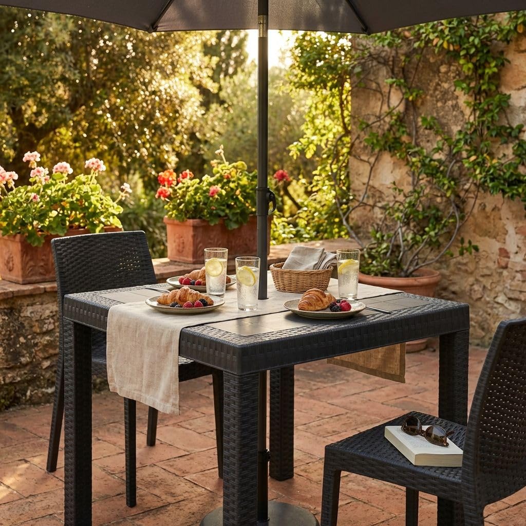 milani home Tavolo da Giardino Quadrato Fisso in Wicker Stampato Antracite Cm 80 X 80 da Esterno Giardino Terrazzo Portico Locale Bar