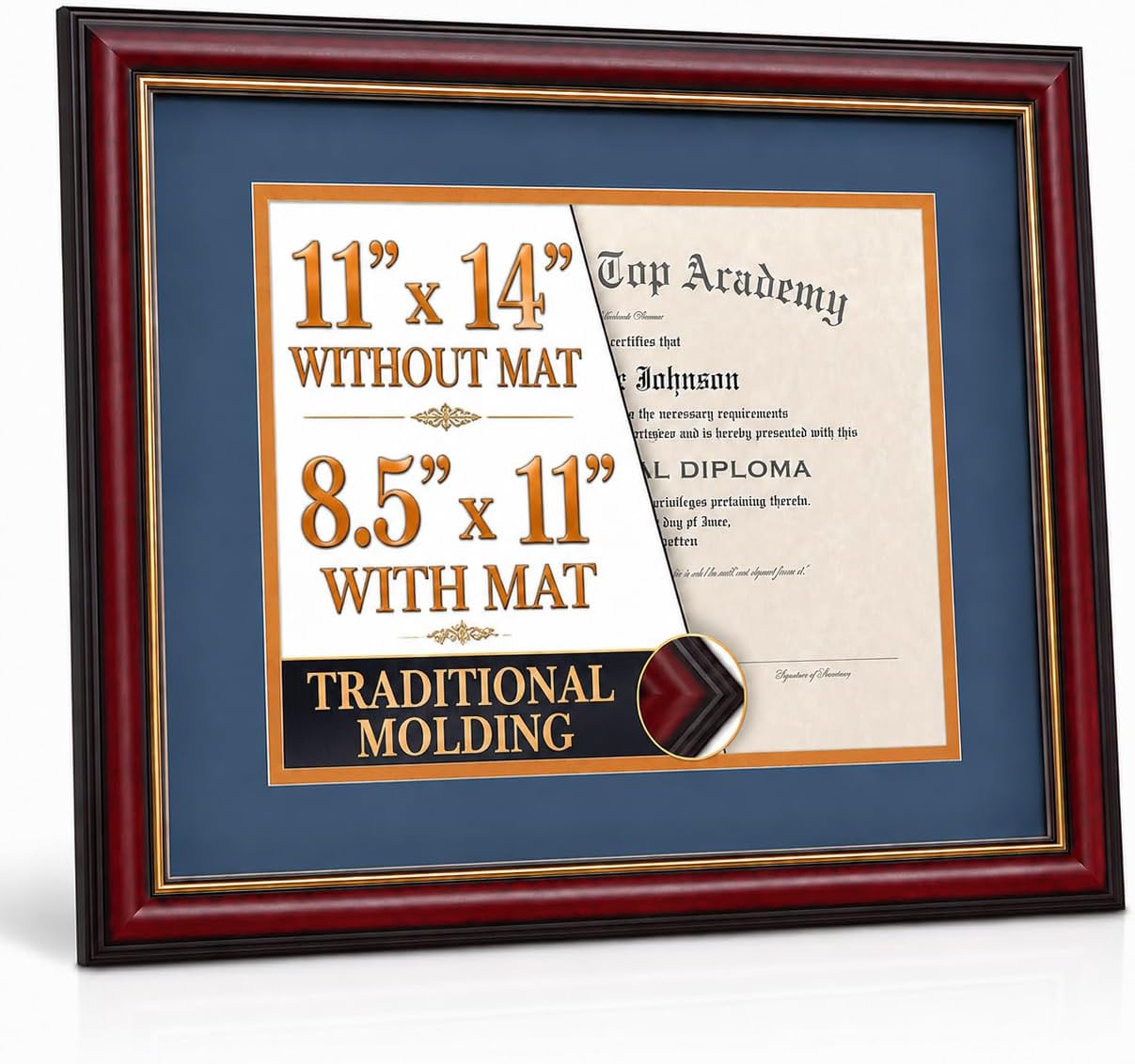 Single Diploma Frame 11x14 with Mat for Wall or Table Display โ 8.5x11" with Mat, 11x14" Without Mat โ Wood Certificate Frame with Gold Trim & Plexiglass UV Protection for Home, Office, Documents, Photos & Art Prints